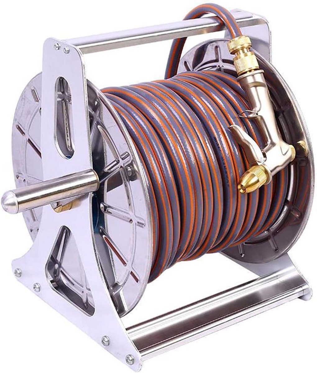 Slangenhaspel - Waterhaspel Trolley - Tuinonderhoud - Roestvrij Staal - 330 voet slang - Zilver