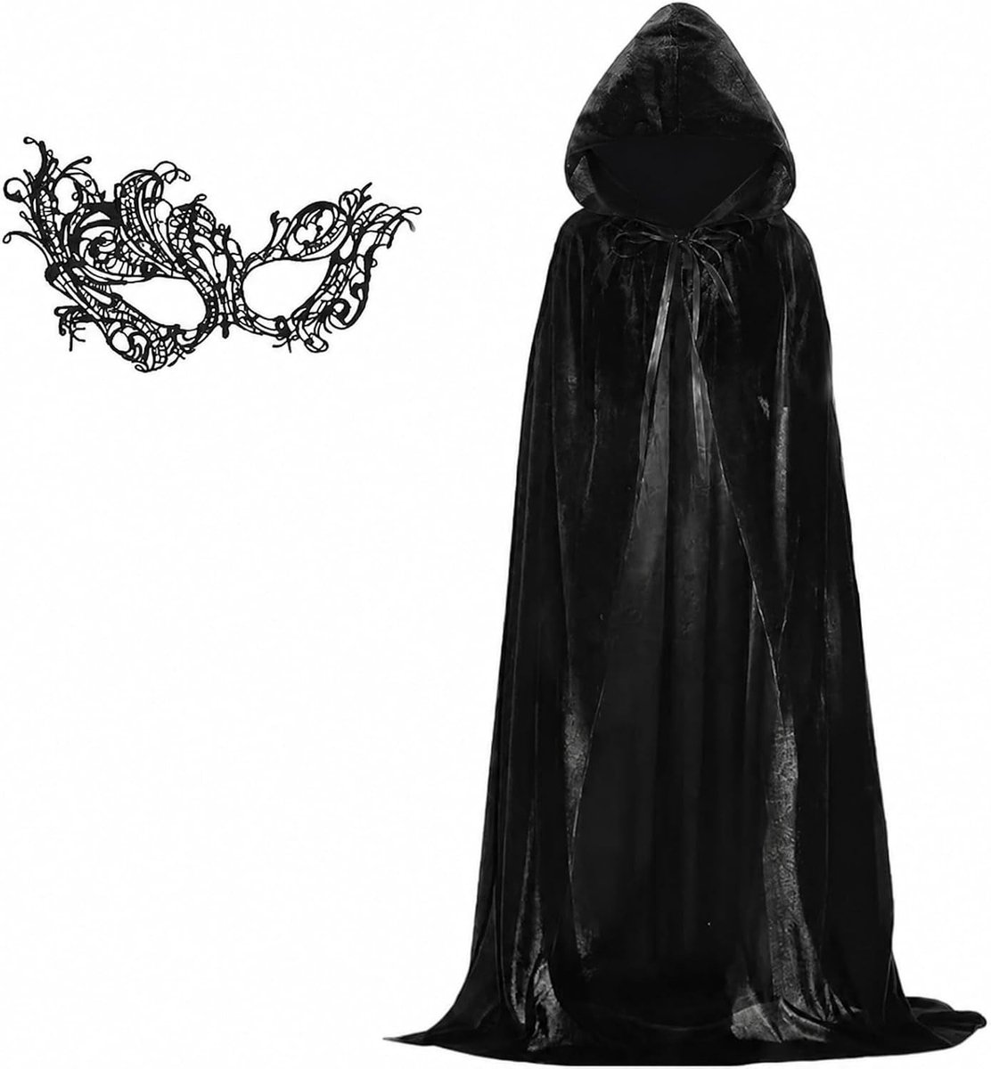 Halloween kostuum voor dames, zwarte cape met capuchon en maskers, vampier outfit voor carnaval en feestjes, 170