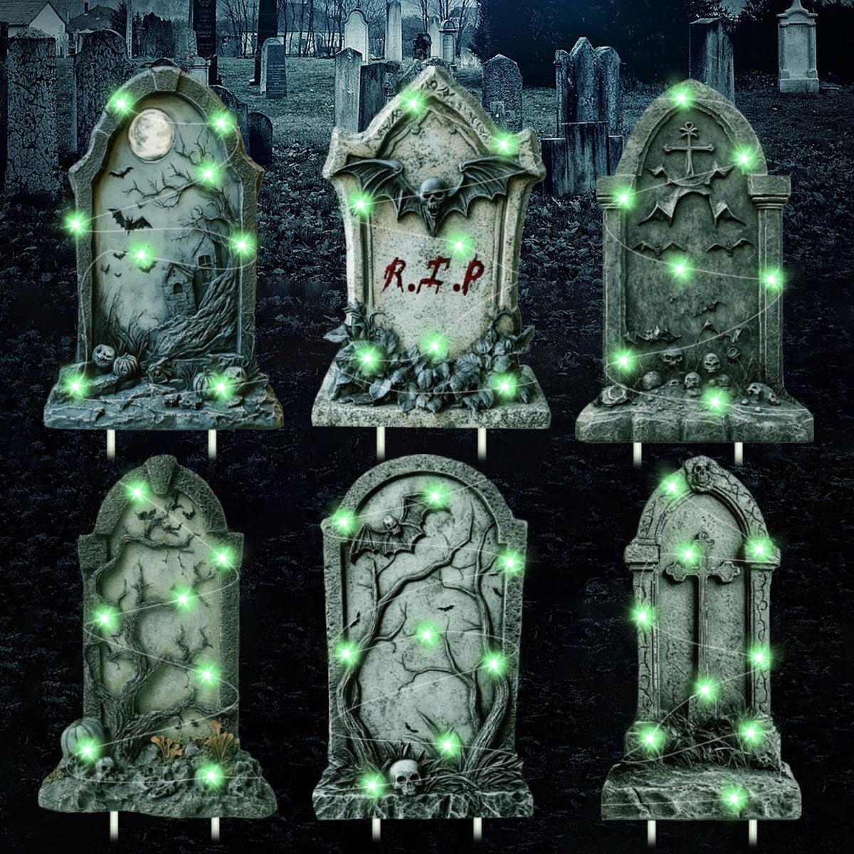 Omgoods - Set van 6 Decoratieve Halloween Grafstenen met Fairy Lights