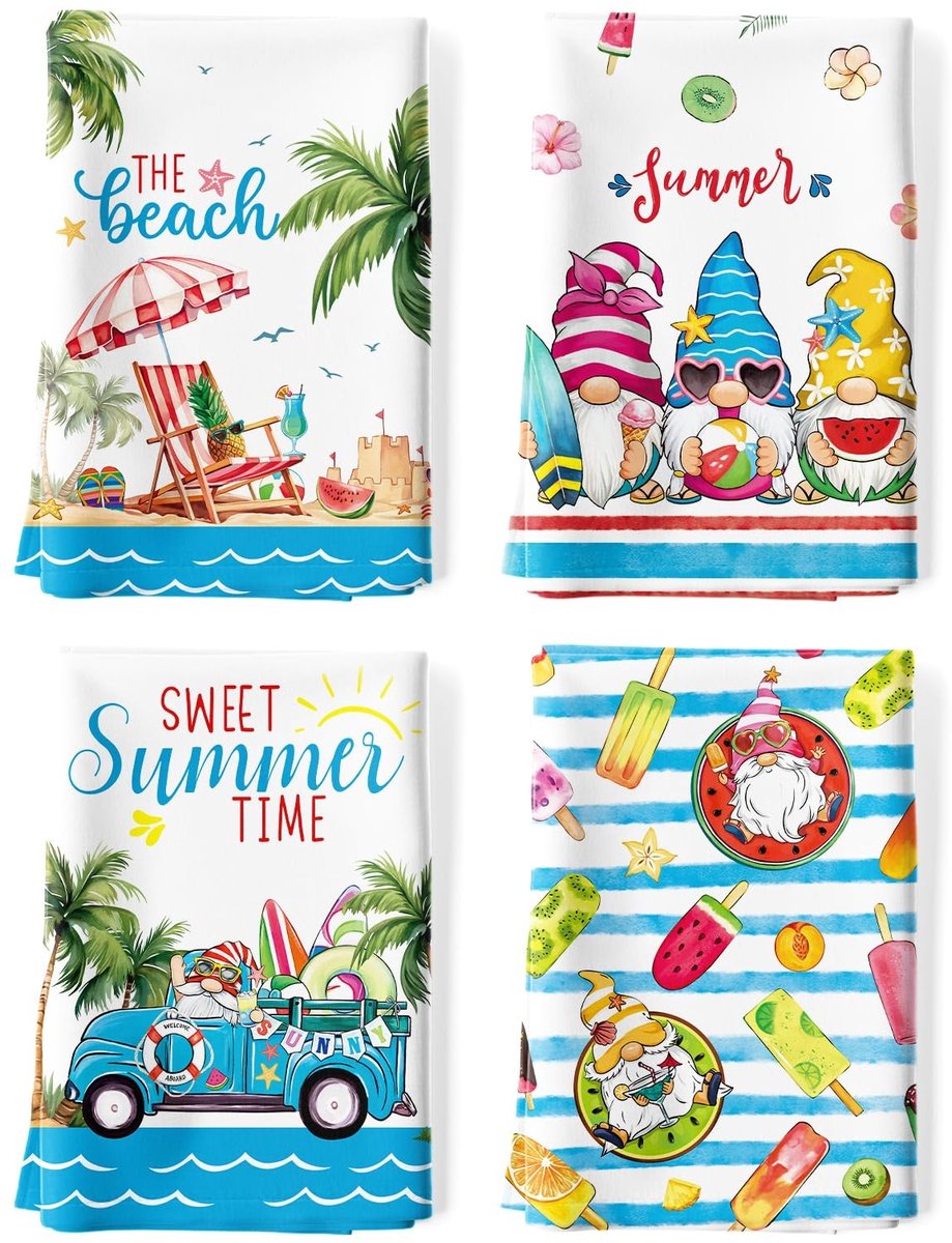 Omgoods - Summer Beach Gnome Keukenhanddoeken Set van 4 - 100% Katoen, Sneldrogend