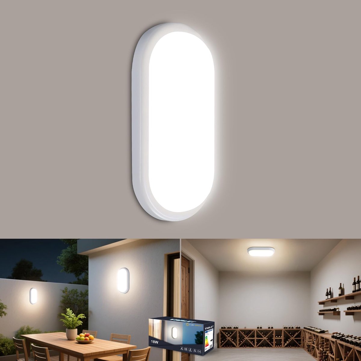 Omgoods- Plafondlamp 18W 1800LM - Ovaal Ontwerp - IP65 Waterdicht - Vochtbestendig - Geschikt Voor Binnen/Buiten - Eenvoudig Te Installeren - Wandlamp