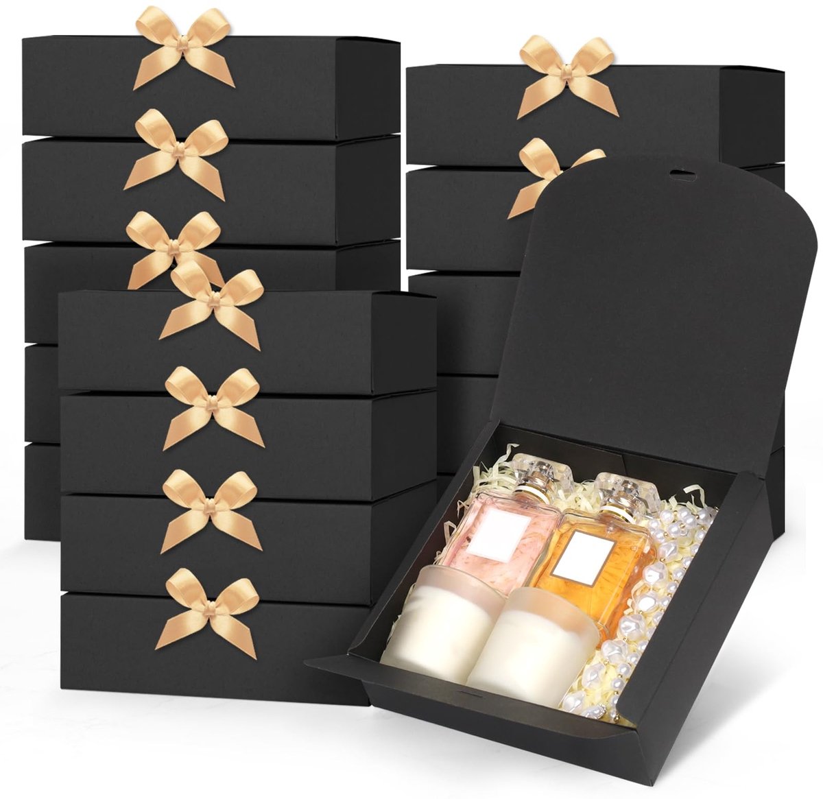 Omgoods- Geschenkdoos Set 15 Stuks - Opvouwbare Kartonnen Dozen - Met Deksel - Zwart - Gouden Linten - 16 x 16 x 5 cm - Cadeaubox
