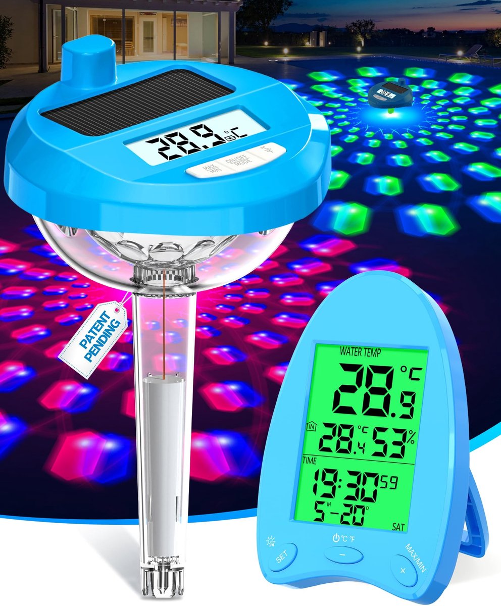 Omgoods - Draadloze Zonne-Poolthermometer met LED Lichtshow en Digitale Weergave
