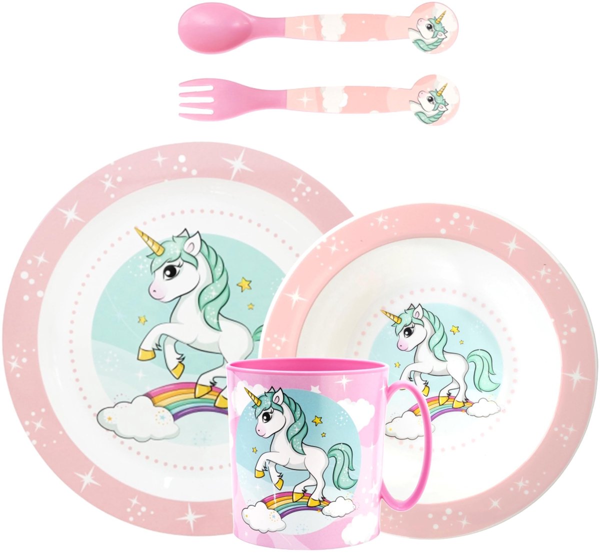 Omgoods - Herbruikbaar Unicorn Kindertafelservies - Bord, Kom, Bestek en Mug Set
