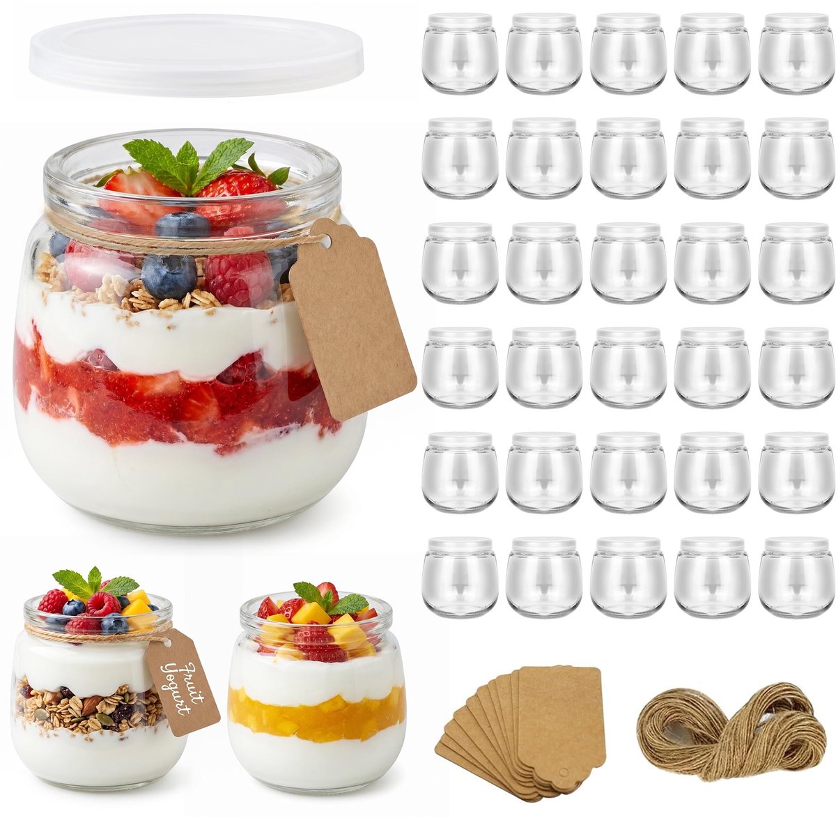 Omgoods - Set van 30 Transparante Yogurt Glazen met Deksel
