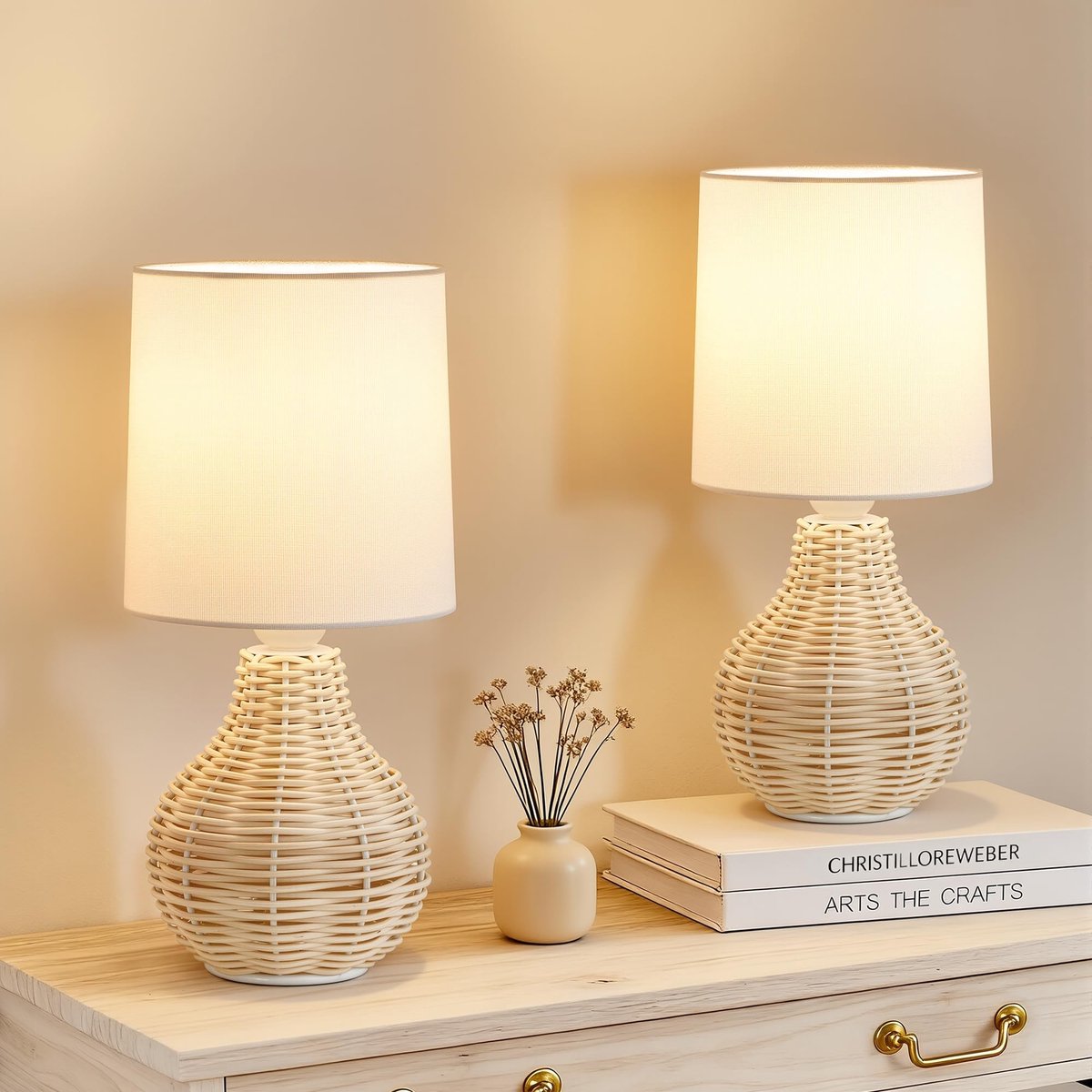 Omgoods - Boho Tafellampen Set van 2 - Rieten Nachtlampen voor Woonkamer en Slaapkamer