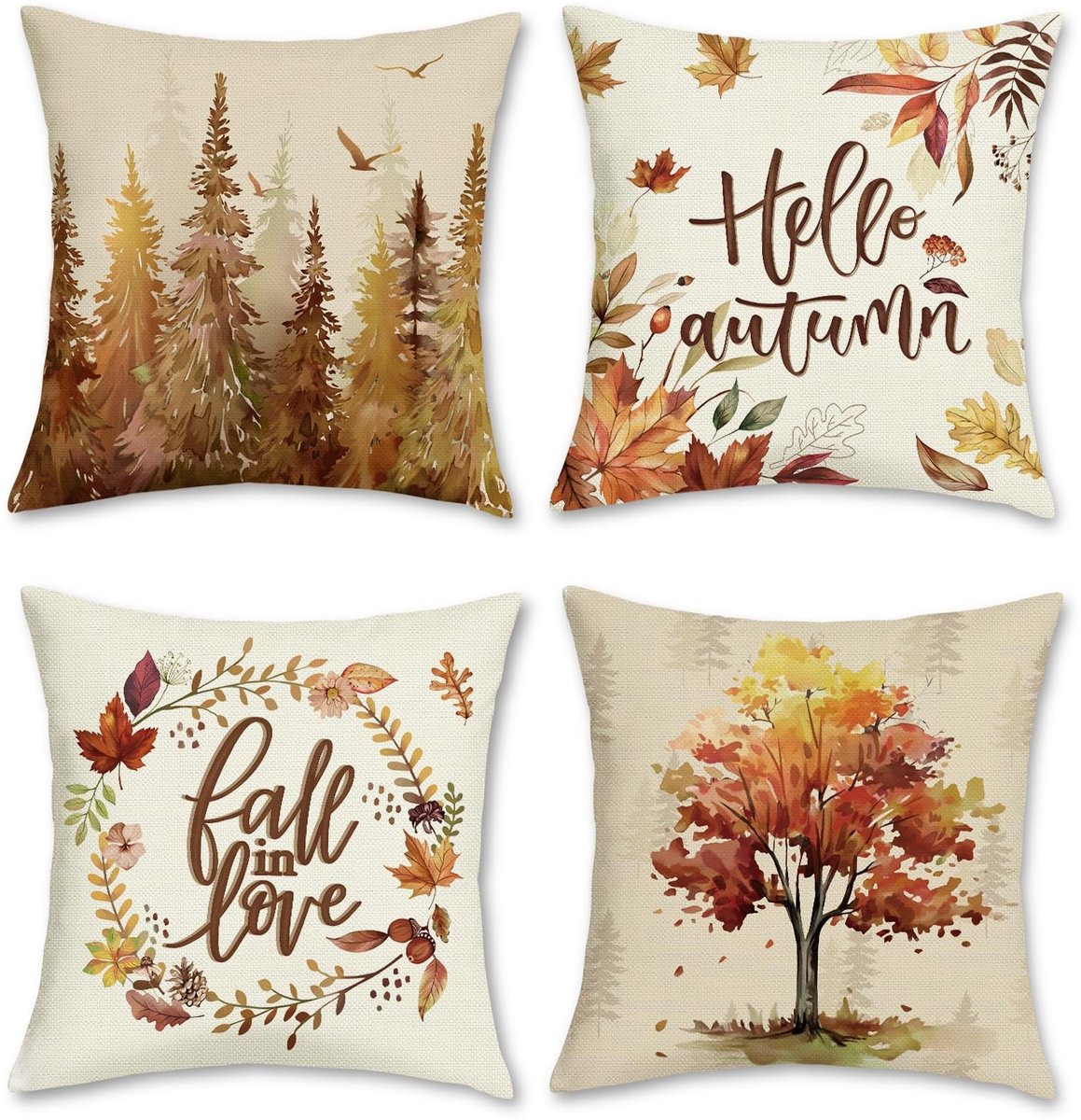Omgoods - Set van 4 Decoratieve Kussenhoezen met Herfstthema 45x45cm