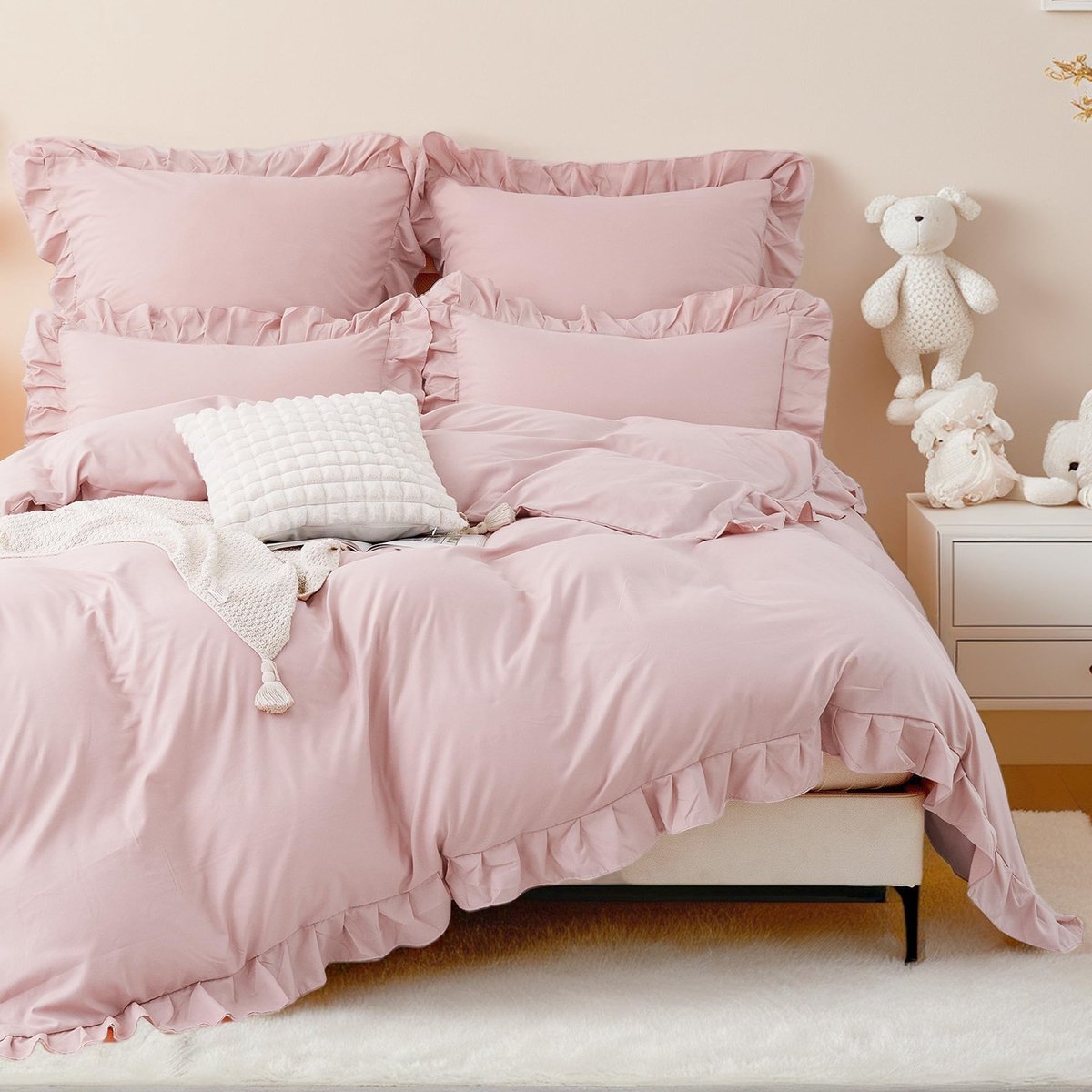 Omgoods- Beddengoed 135x200 cm met ruches - Roze Dekbedovertrek - Kussensloop 80x80 cm - Microvezel - Öko-Tex gecertificeerd - Zacht en ademend