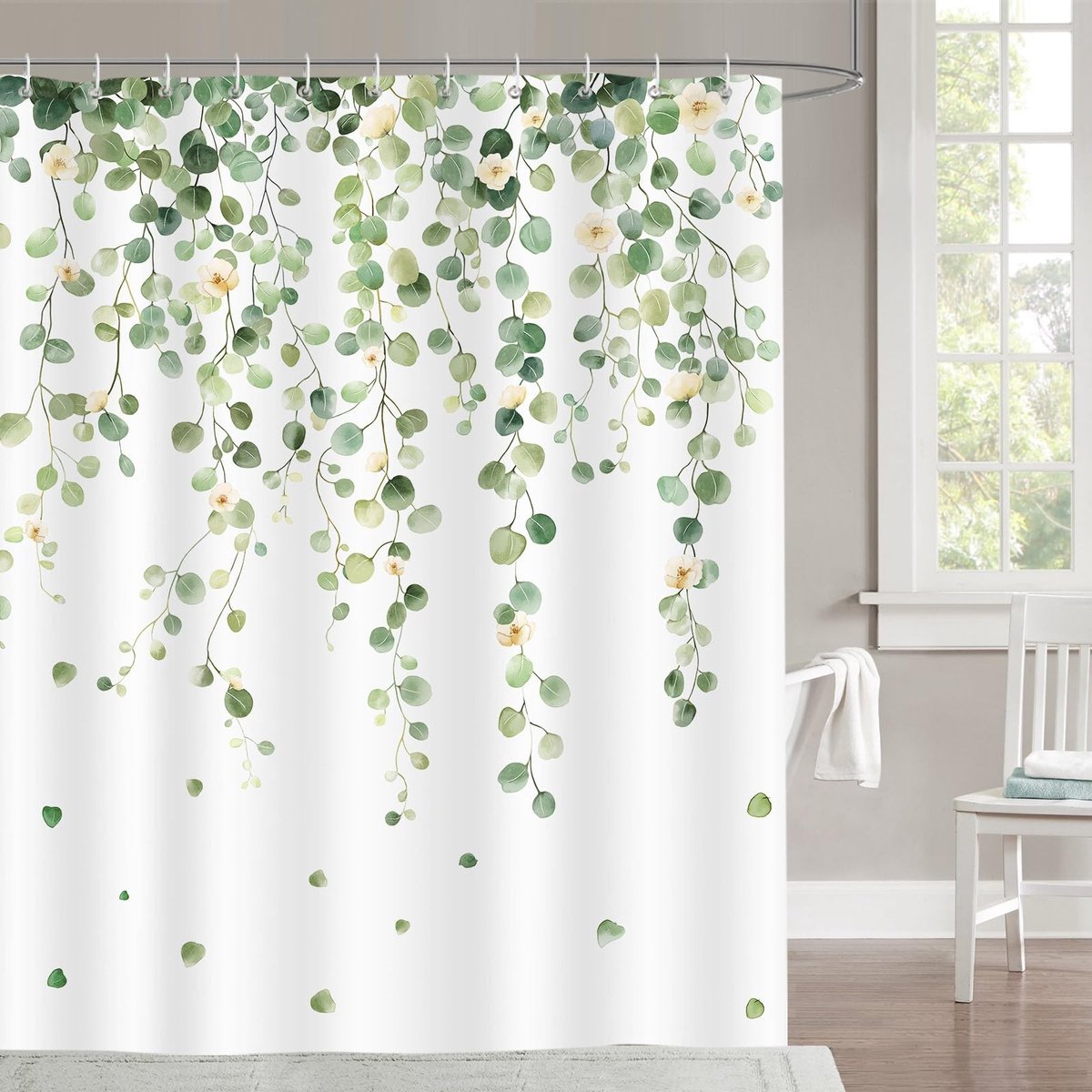 Omgoods- Douchegordijn Waterdicht - Douchegordijn Anti Schimmel - Douchegordijn 180x180 - Wasbaar Polyester - 12 Haken - Groen Blad/Eucalyptus Bloemen - Badkamergordijn