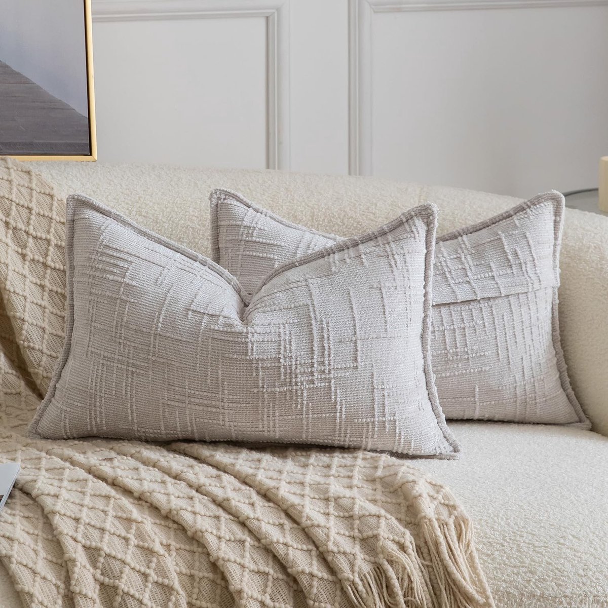 Omgoods - Set van 2 Chenille Kussenhoezen, Neutraal en Zacht, Lichtgrijs
