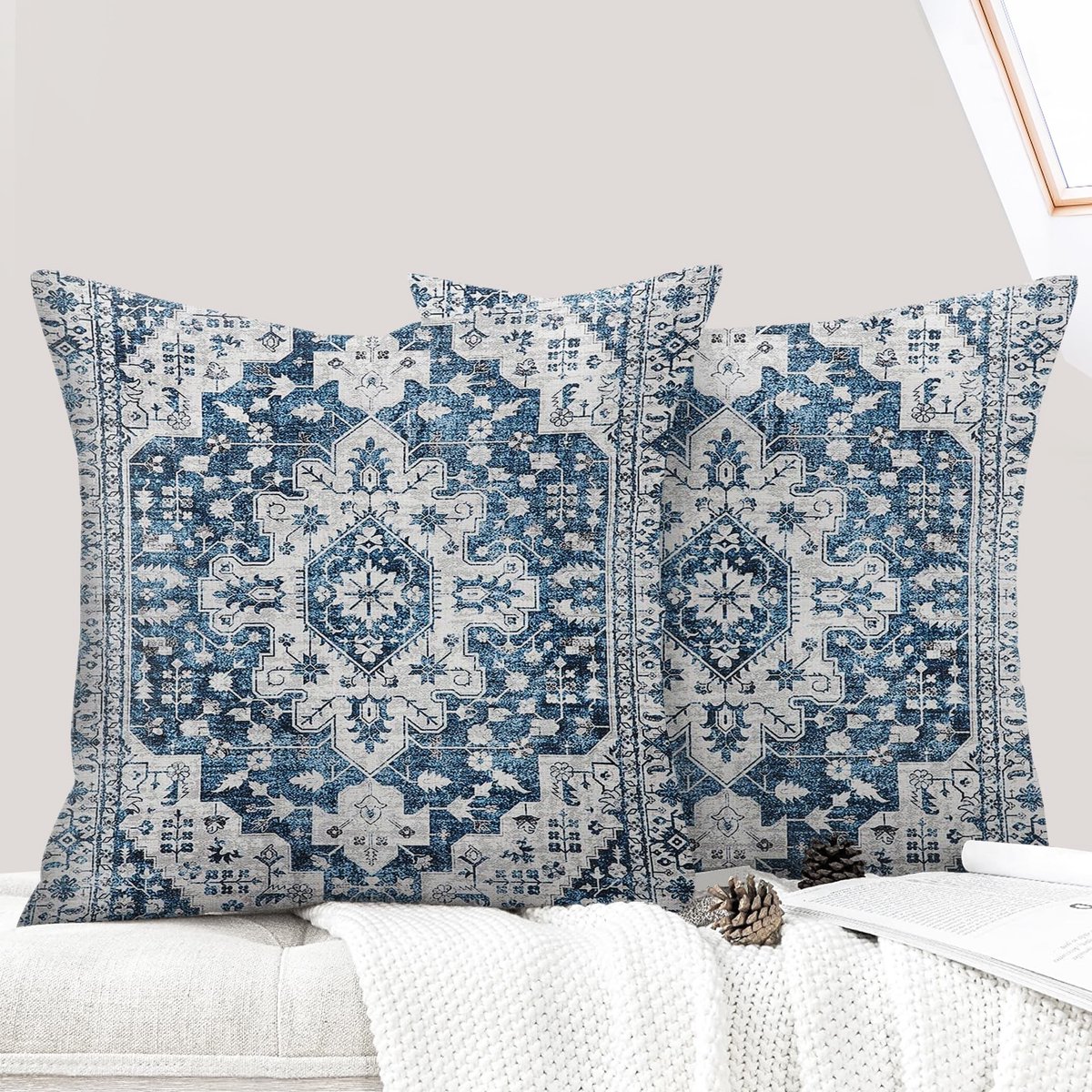 Omgoods - Set van 2 Boho Kussenhoezen 50 x 50 cm in Blauw en Wit