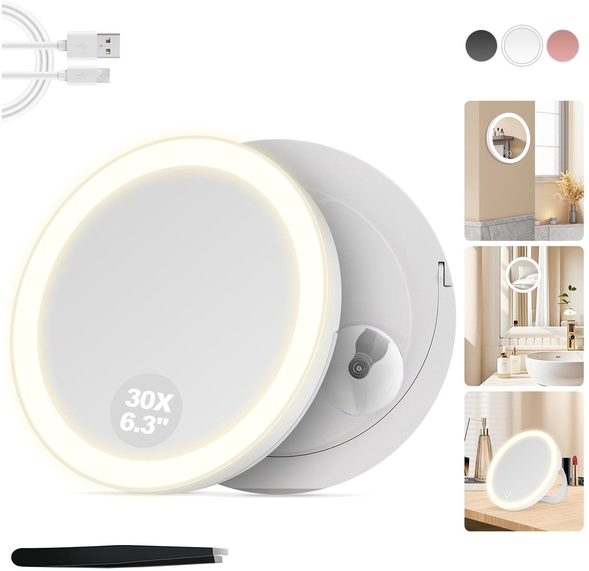 Omgoods - Verlichte Cosmetica Spiegel met 30x Vergroting - Suction Cup en Wandmontage