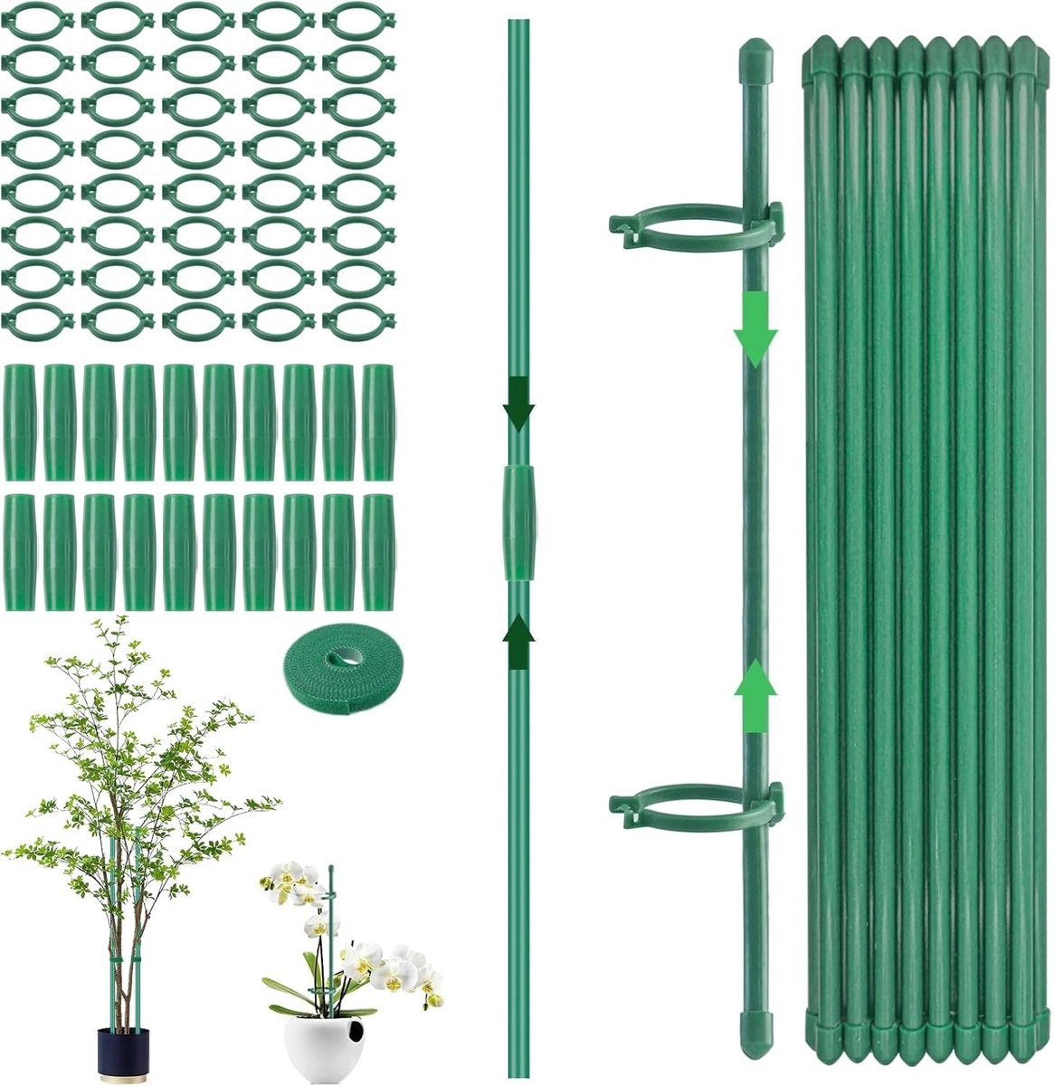 Set van 20 Plantsteunen van 30 cm met Klemringen, Caps, Verlengbuizen en Steunbanden voor Tomaten, Rozen en Orchideeën