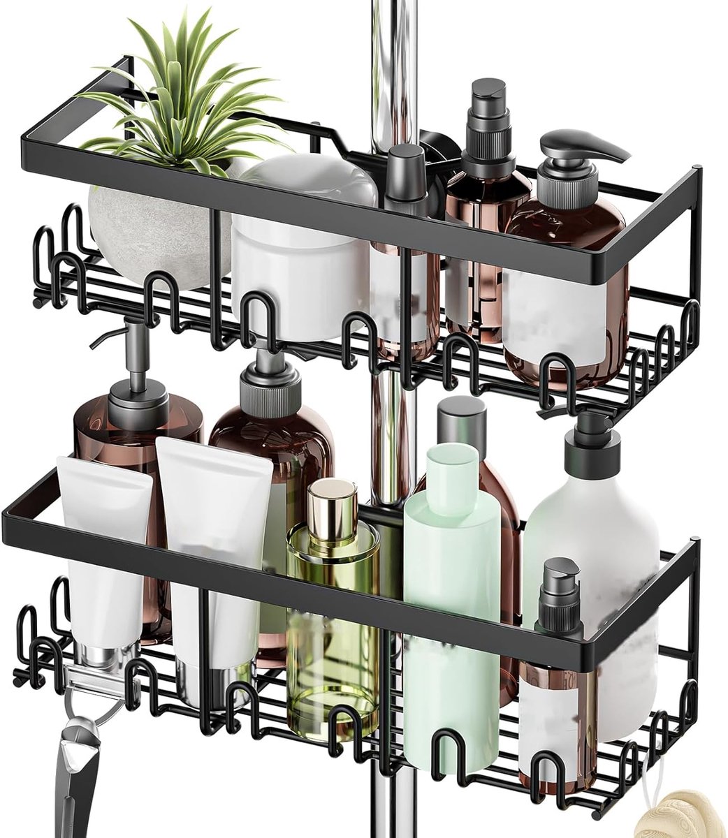 Thijox - Doucheplank zonder boren, 2 stuks douchestang-opbergrek, roestvrij staal, zwart, voor douchestang 18-25 mm, badkamerorganizer, shampoo-houder