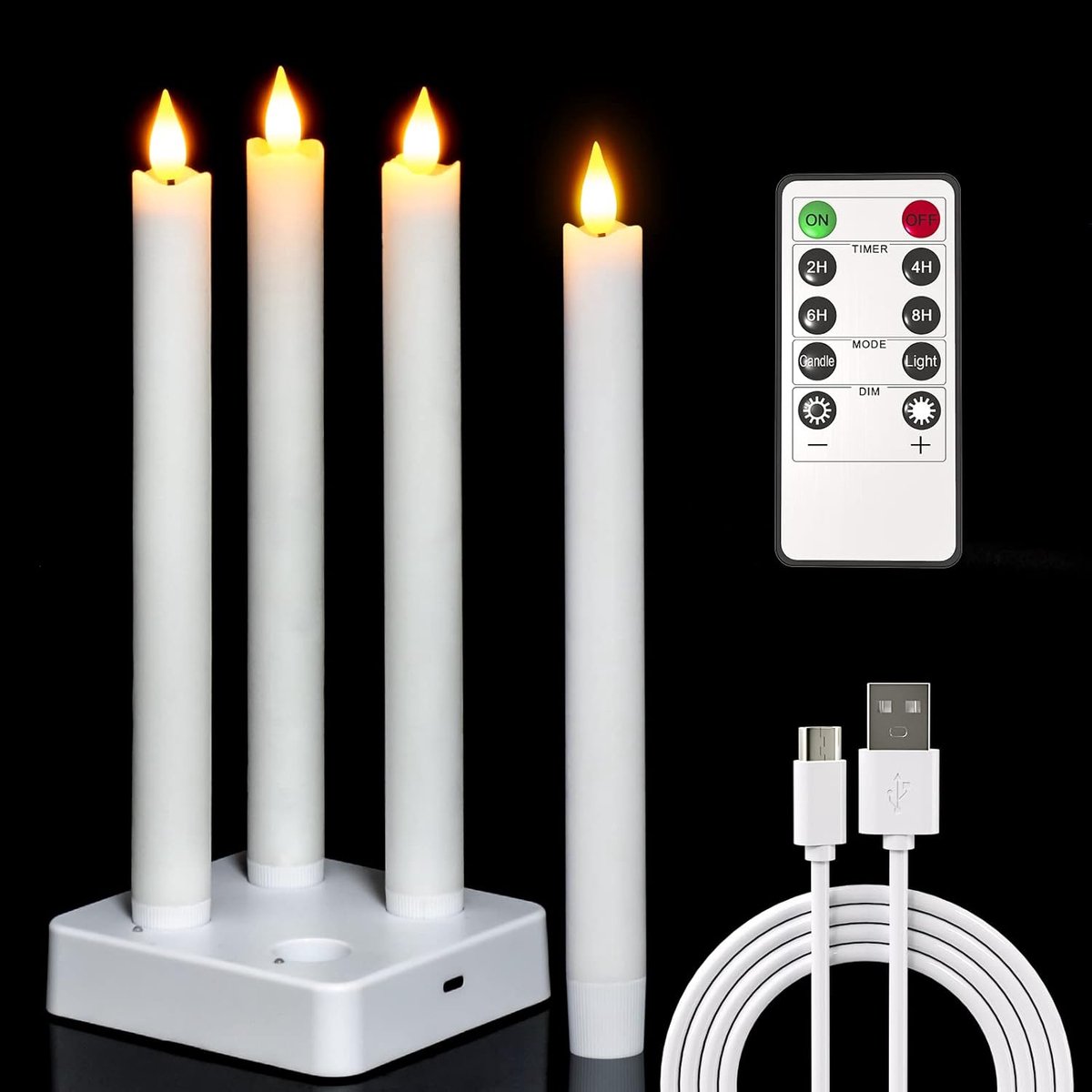 SnelShoppen - Oplaadbare Taper Kaarsen met Afstandsbediening, 4 Stuks LED Echt Was Kaarsen met Oplaadstation, Flameless Flickering Batterij Raam Kaars