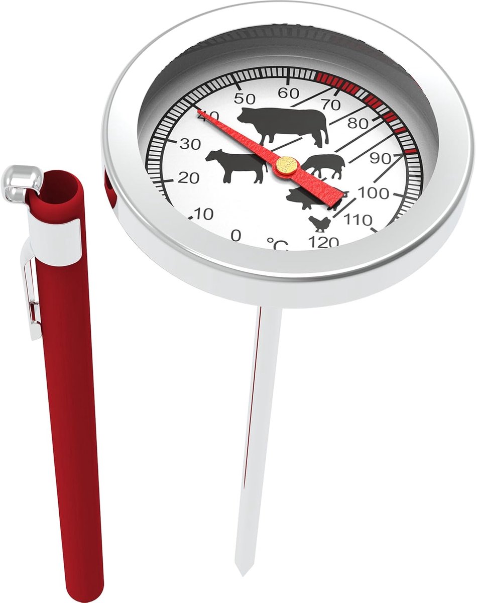 Thijox - Analoge Braadthermometer voor Vlees - RVS Grillthermometer met Etui - 0-120 °C Kookthermometer voor Oven, BBQ en Grill - Kerntemperatuurmeter