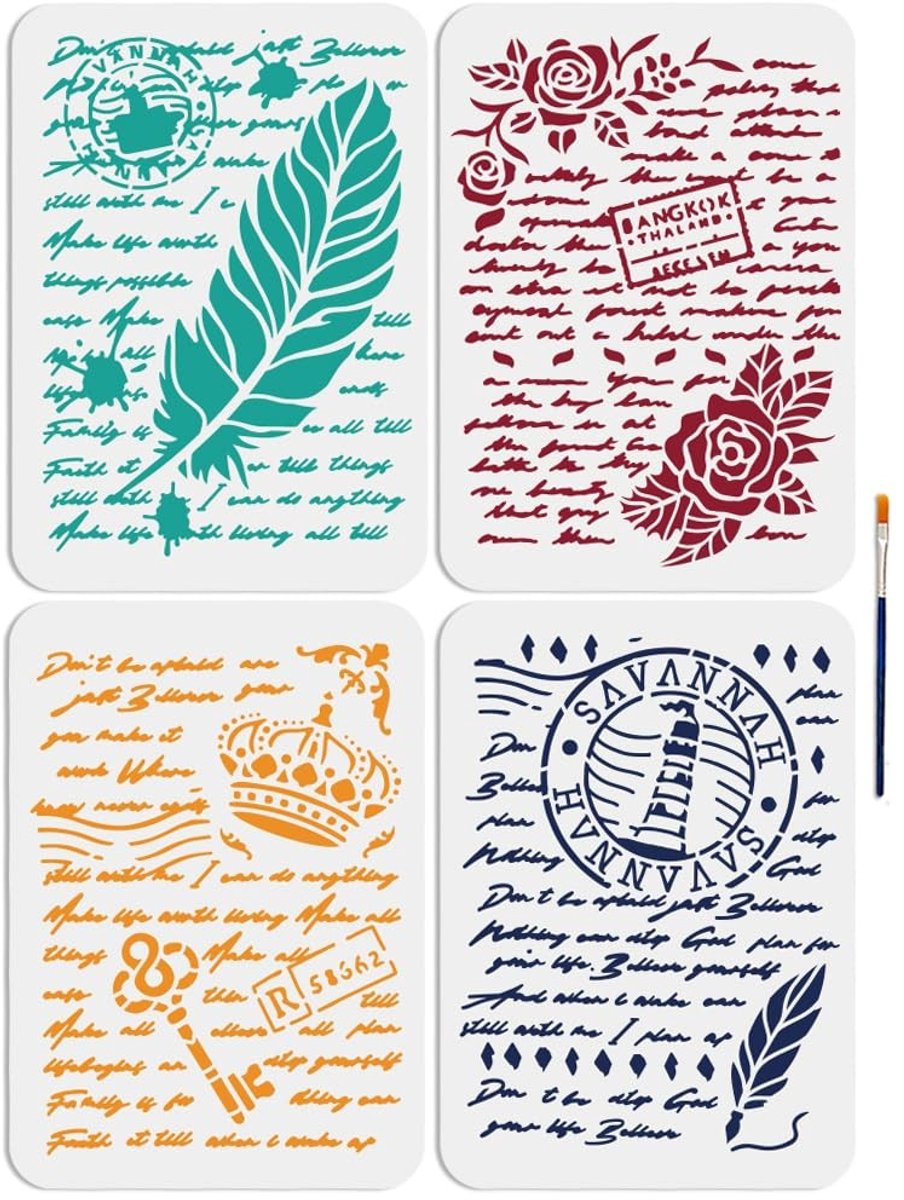 Dailygoods- Schrijfsjablonen 4 Stuks - Retro Franse Stencils - Tekensjablonen voor Ambachten - Vintage Patronen - 11,7 x 8,7 cm - Kunst en Meubels - Sjablonen