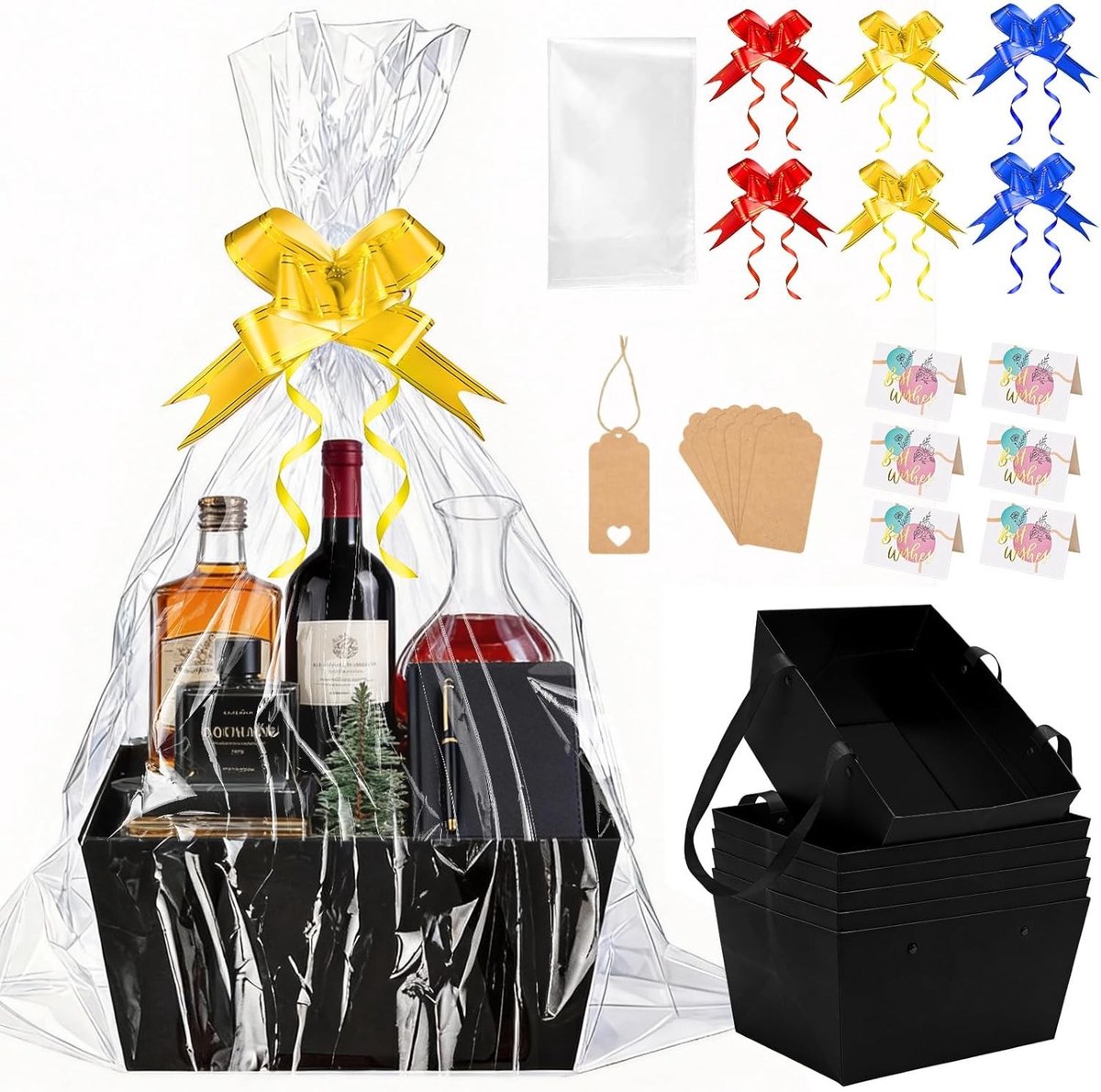 Set van 6 Lege Cadeaumanden Groot met Doorzichtige Ribbons en Wenskaarten voor Verjaardag, Bruiloft en Valentijnsdag (Zwart, 6 Stuks)