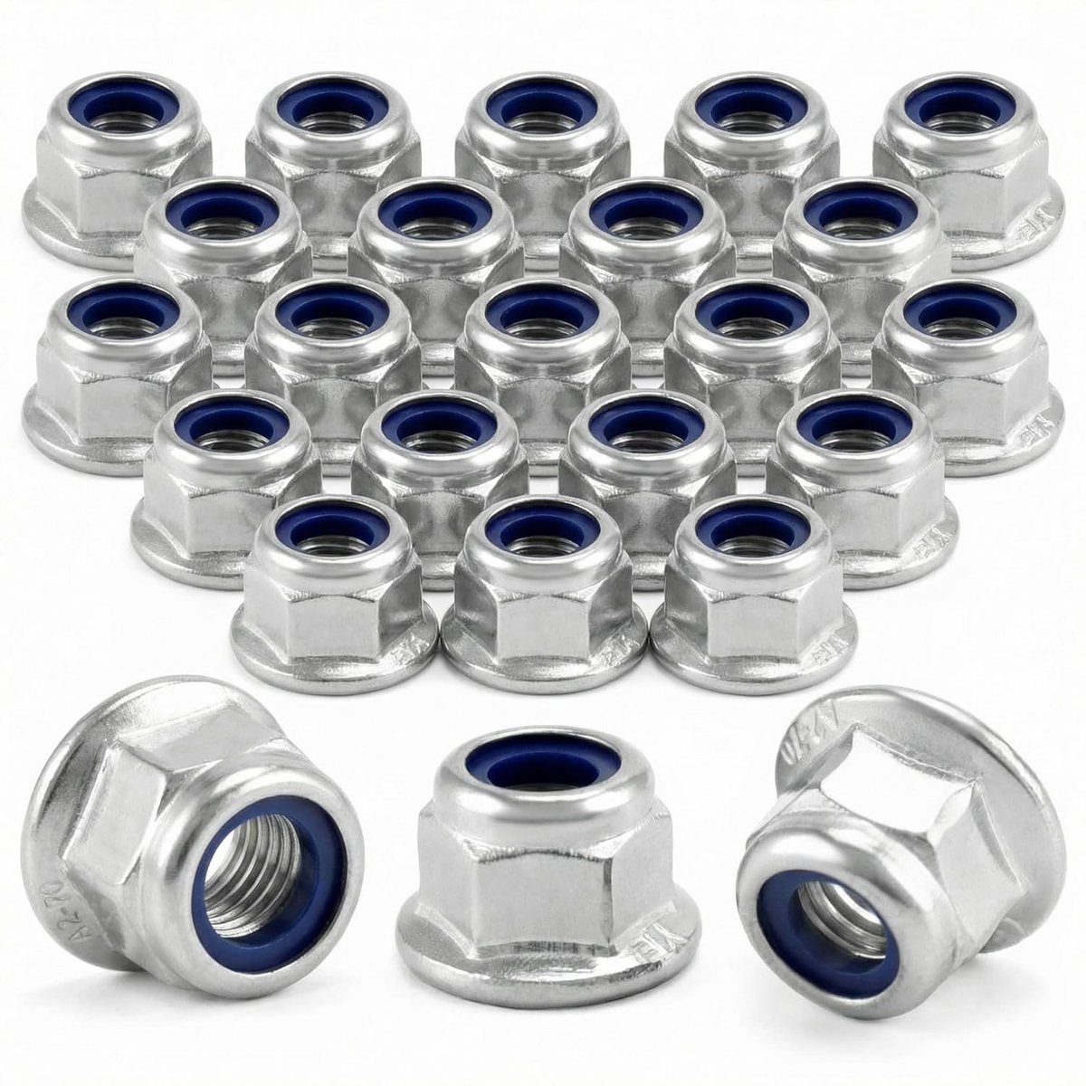 Pack van 25 M6 Flensmoeren, RVS Lockmoeren en Zeskantmoeren met Plastic Compressie (6mm) voor Duurzame Bevestiging