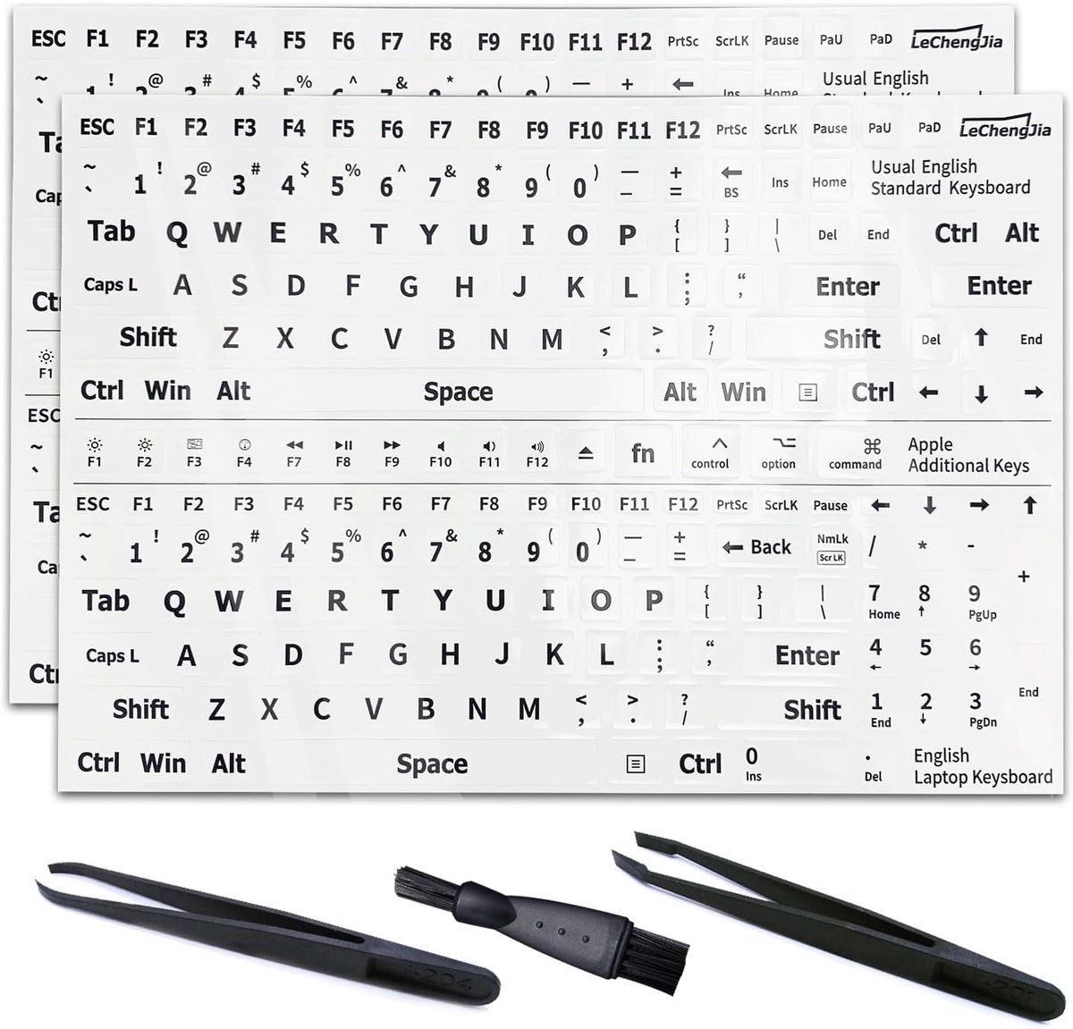 Thijox - 2 Vervangende Niet-Transparante Zwarte Toetsenbordstickers voor Standaard Toetsenborden, Laptoptoetsenborden (US-Matte, Wit Lettertype) - Hoo