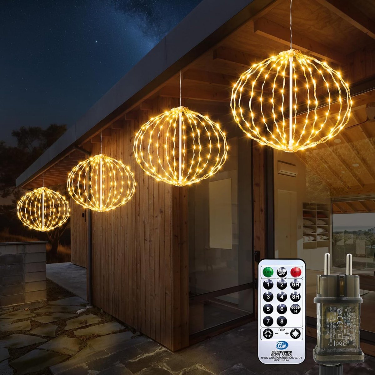 Thijox - Kerstverlichting voor buiten, 4 stuks hangende lichtbollen 30 cm, warmwit met timer, 8 lichtmodi, kerstdecoratie voor tuin, balkon, feest en