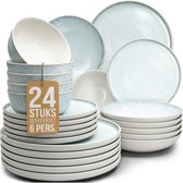 Gestapelde lichtblauwe servieSet: 6 dinerborden, 6 dessertborden, 6 diepe borden, 6 kommen. Tag zegt '24 STUKS SERVERSET 6 PERS.'.