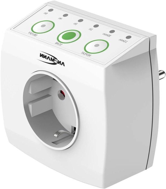 Witte tijdschakelaar met drie ronde knoppen en statuslampjes voor instelbare tijdsduur.