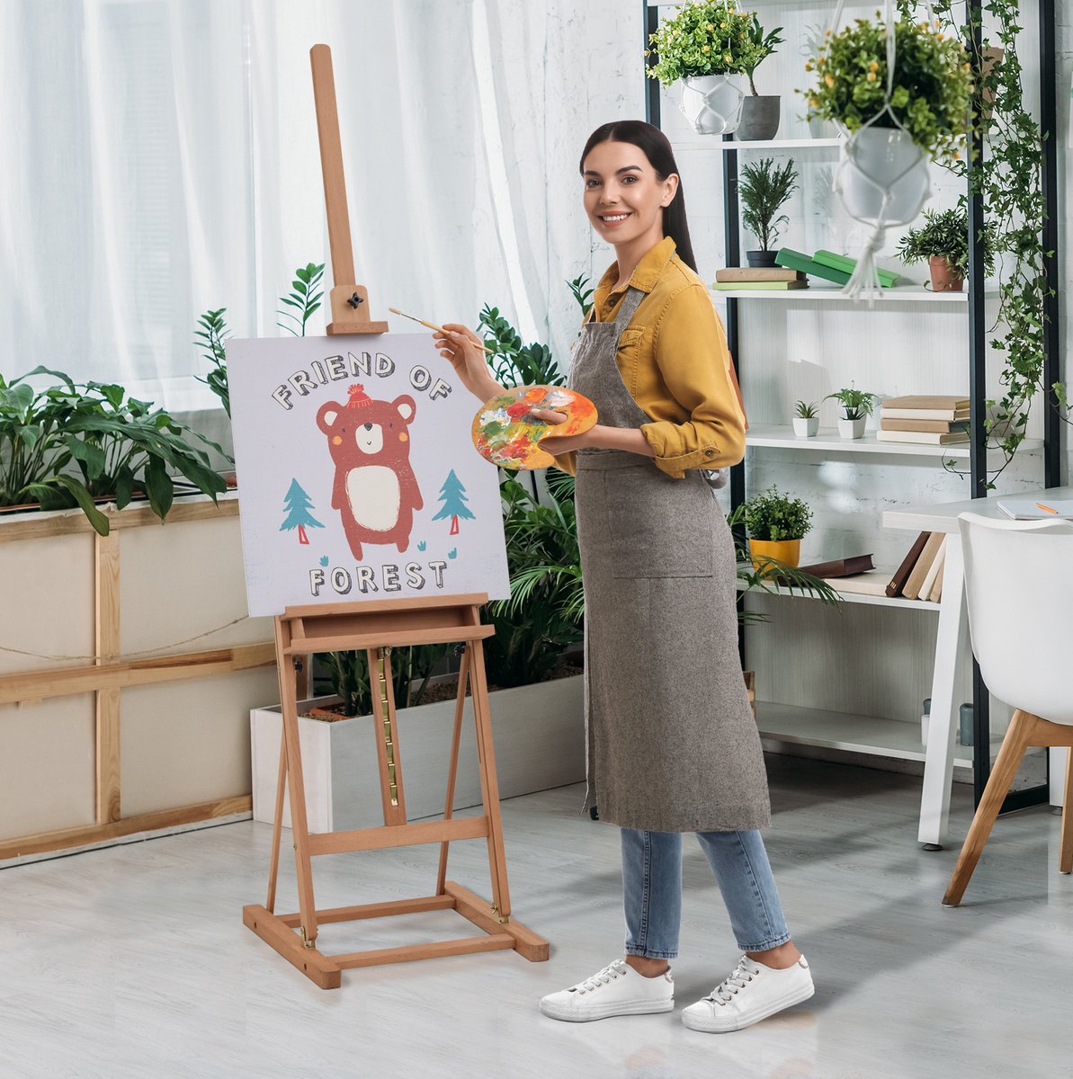 MEUNIQ atelierstaffelei van beukenhout 53 x 50,5 x 171-230 cm hoogte- en hoekverstelbaar met opbergvak staande schildersezel voor schilderen en presentatie naturel