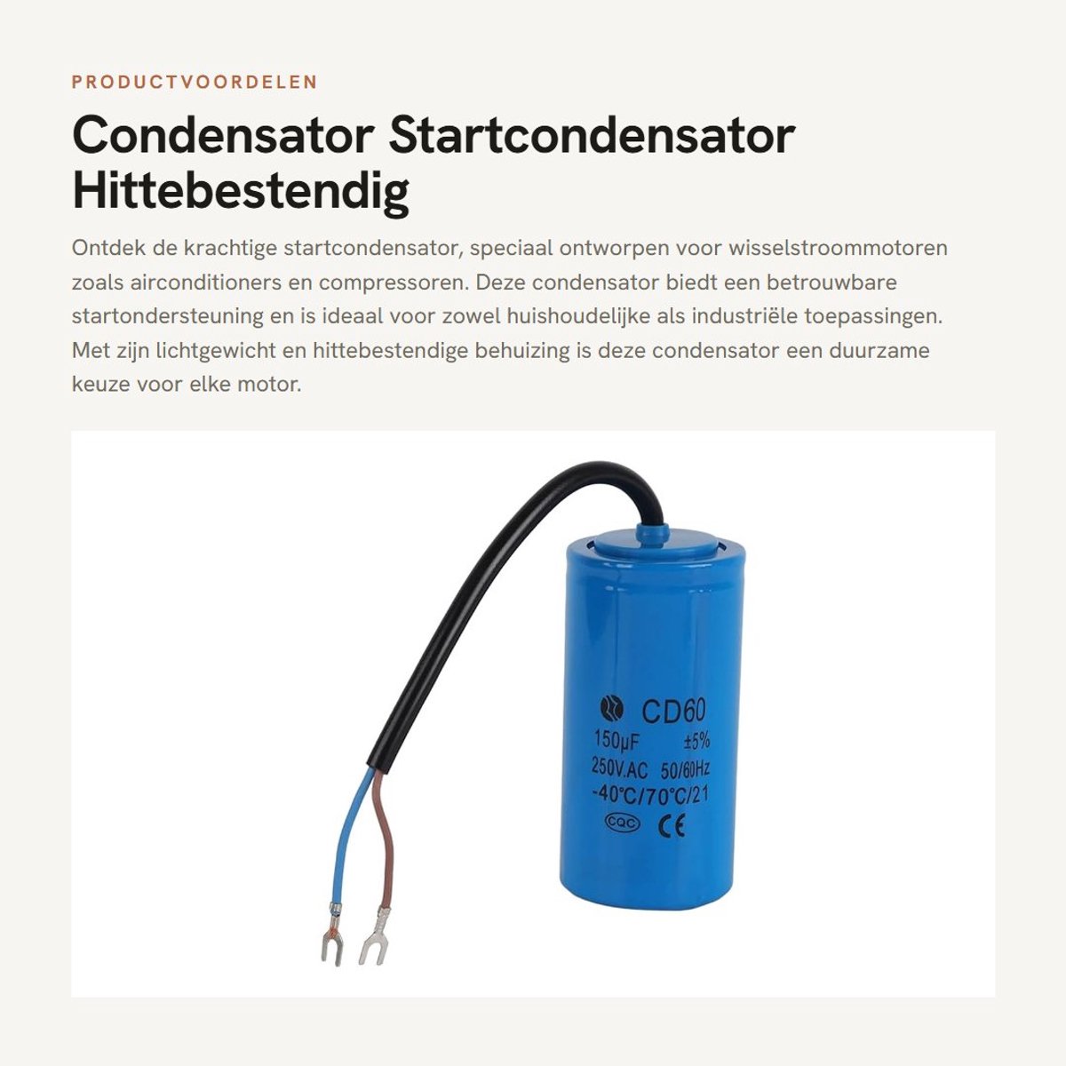 Dailygoods- Startcondensator 150 uF - CD60-loopcondensator - 250 V AC - Hittebestendig - Lichtgewicht - Voor motorluchtcompressor - Condensator