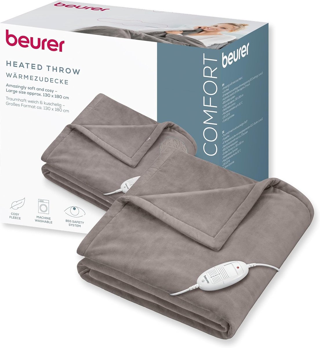 SnelShoppen - Elektrische Deken - Warmtedeken met 6 Temperatuurniveaus - Comfortabele Thermodeken - Fleece Materiaal - Taupe - 180 x 130 cm - Machinew