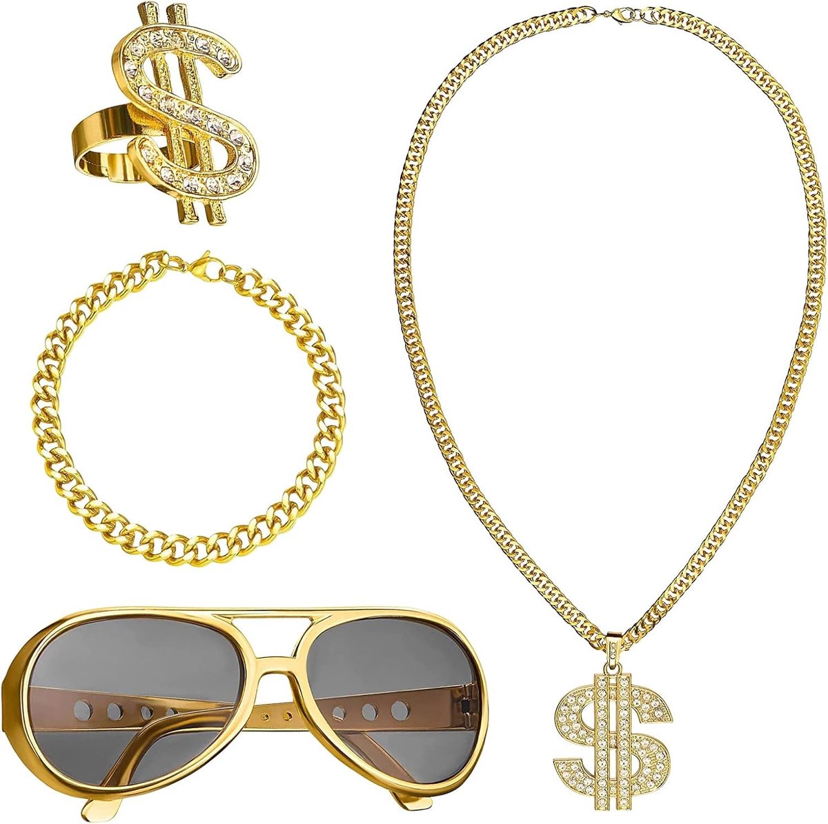 Hip Hop Kostuumset met 4 Dollar Kettingen, Ringen en Zonnebril voor Feestjes en Retro Thema's