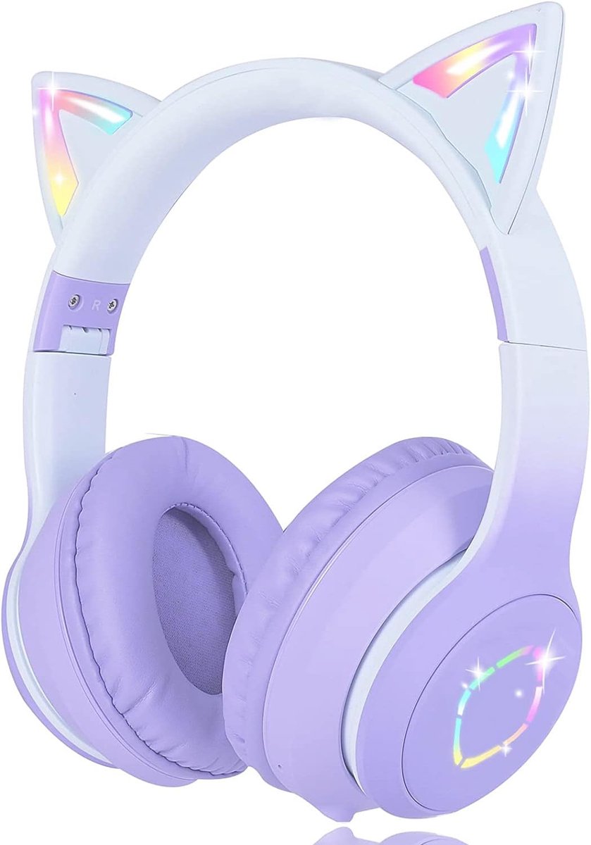 Thijox - Kids Bluetooth Hoofdtelefoon met Kattenoren en LED Licht, Draadloze Over-Ear Hoofdtelefoon voor Kinderen, Opvouwbaar met Microfoon, Volumereg