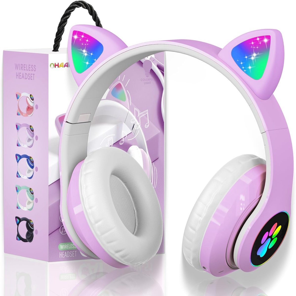 Thijox - Bluetooth Koptelefoon Kinderen - Meisjes Kat Oor Over-Ear Met LED Licht - Opvouwbare Stereo Draadloze Koptelefoon Met Microfoon voor Telefoon
