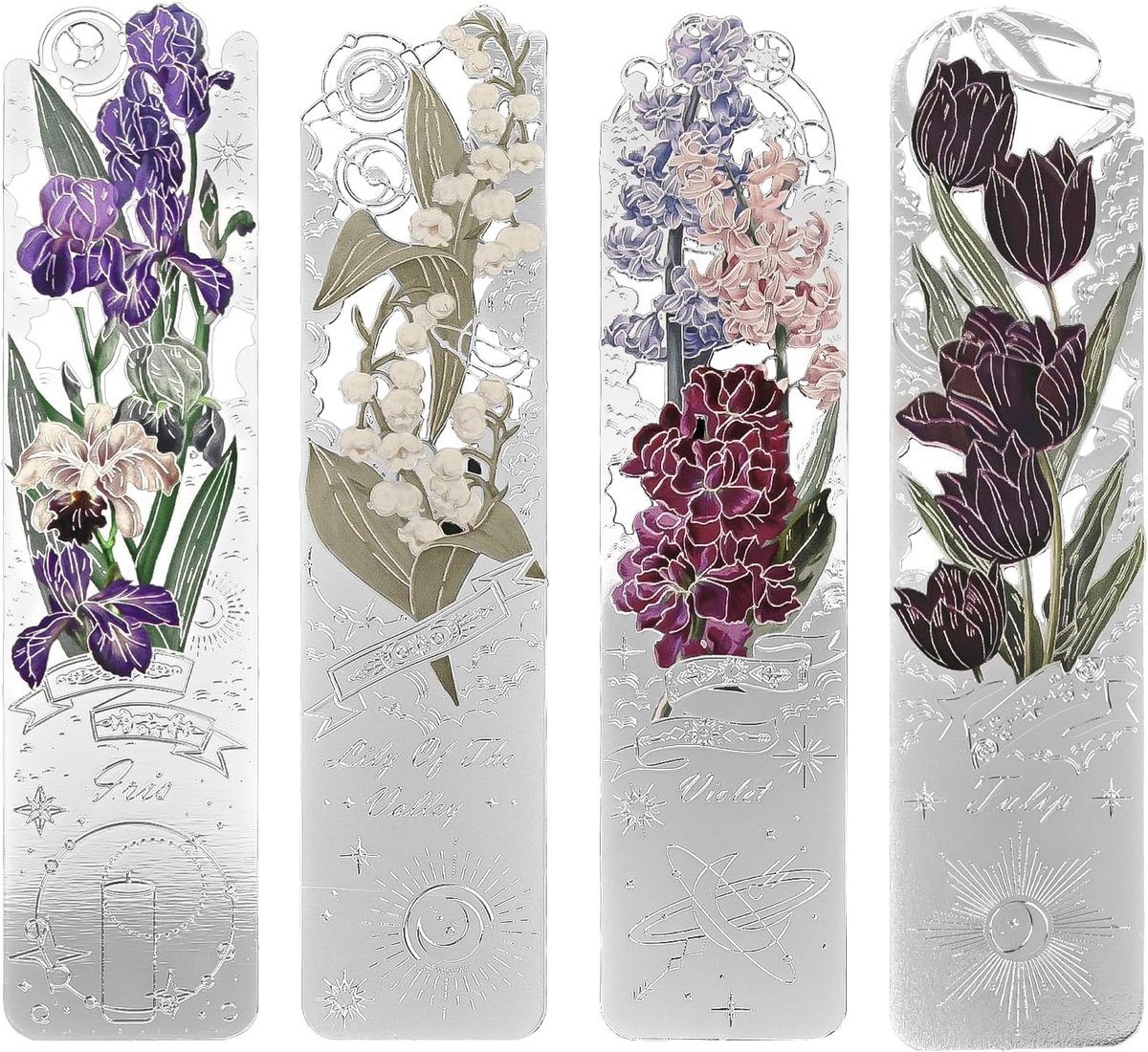 Thijox - Metalen Boekenleggers Set van 4 - Zilveren Bloemenpagina-aanwijzers voor Boekenliefhebbers, Docenten en Studenten - Elegante Cadeaus voor Fee