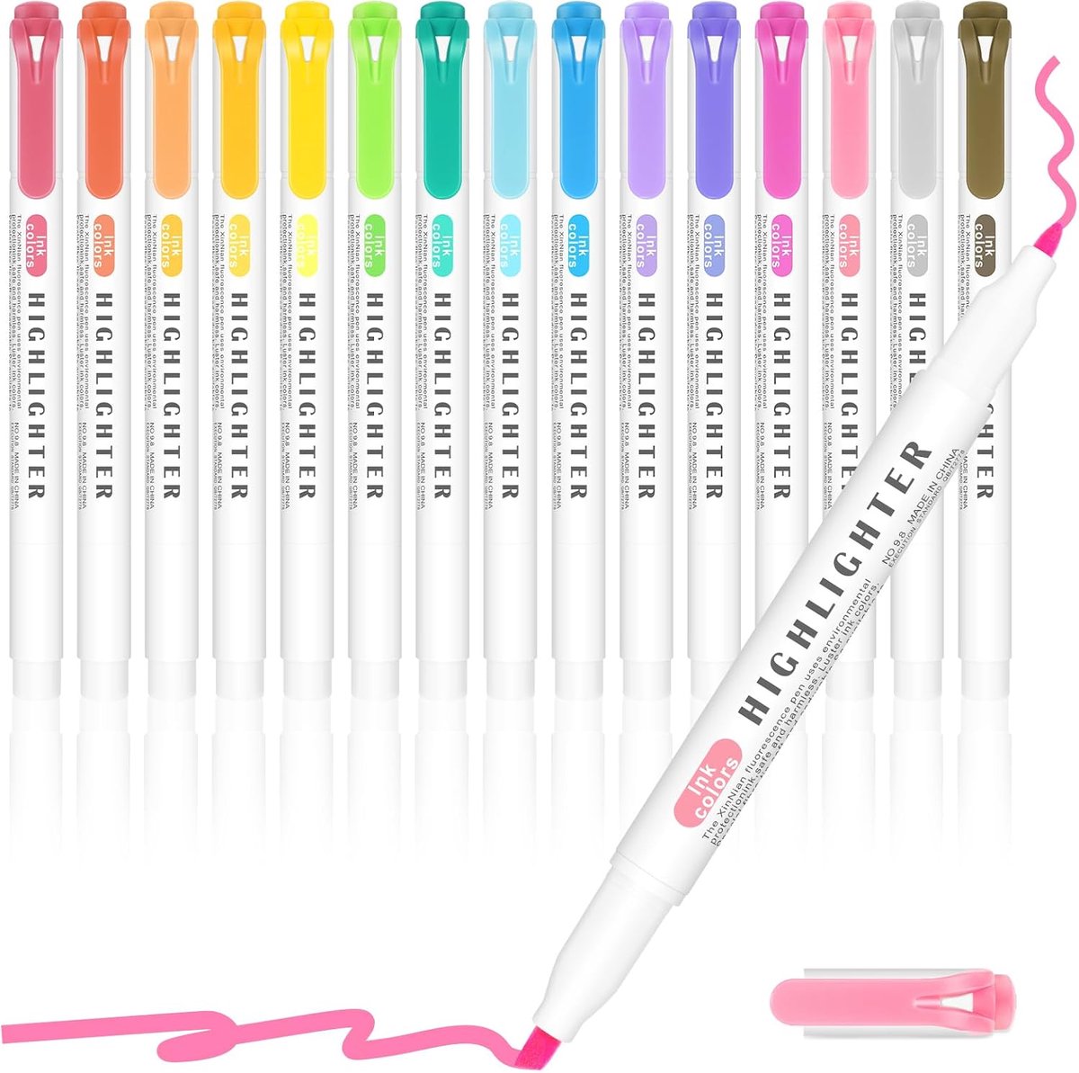 Thijox - 15 Kleuren Pastel Markeerstiften met Dubbele Punt, Brede en Fijne Punt, Voor Aantekeningen, Markeren, Schoolbenodigdheden, Waterbestendig, Zu