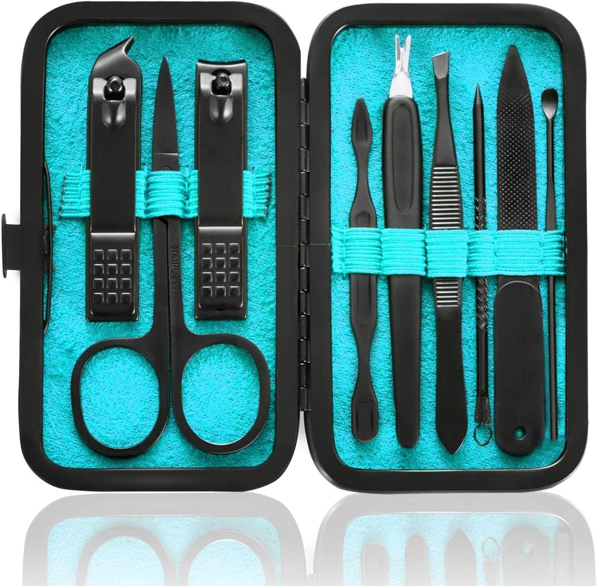 Thijox - Manicure Set 9-in-1 RVS, Draagbare Nagelknipper en Pedicure Gereedschapsset voor Mannen en Vrouwen met Zwart/Blauw Leren Etui - Perfect voor