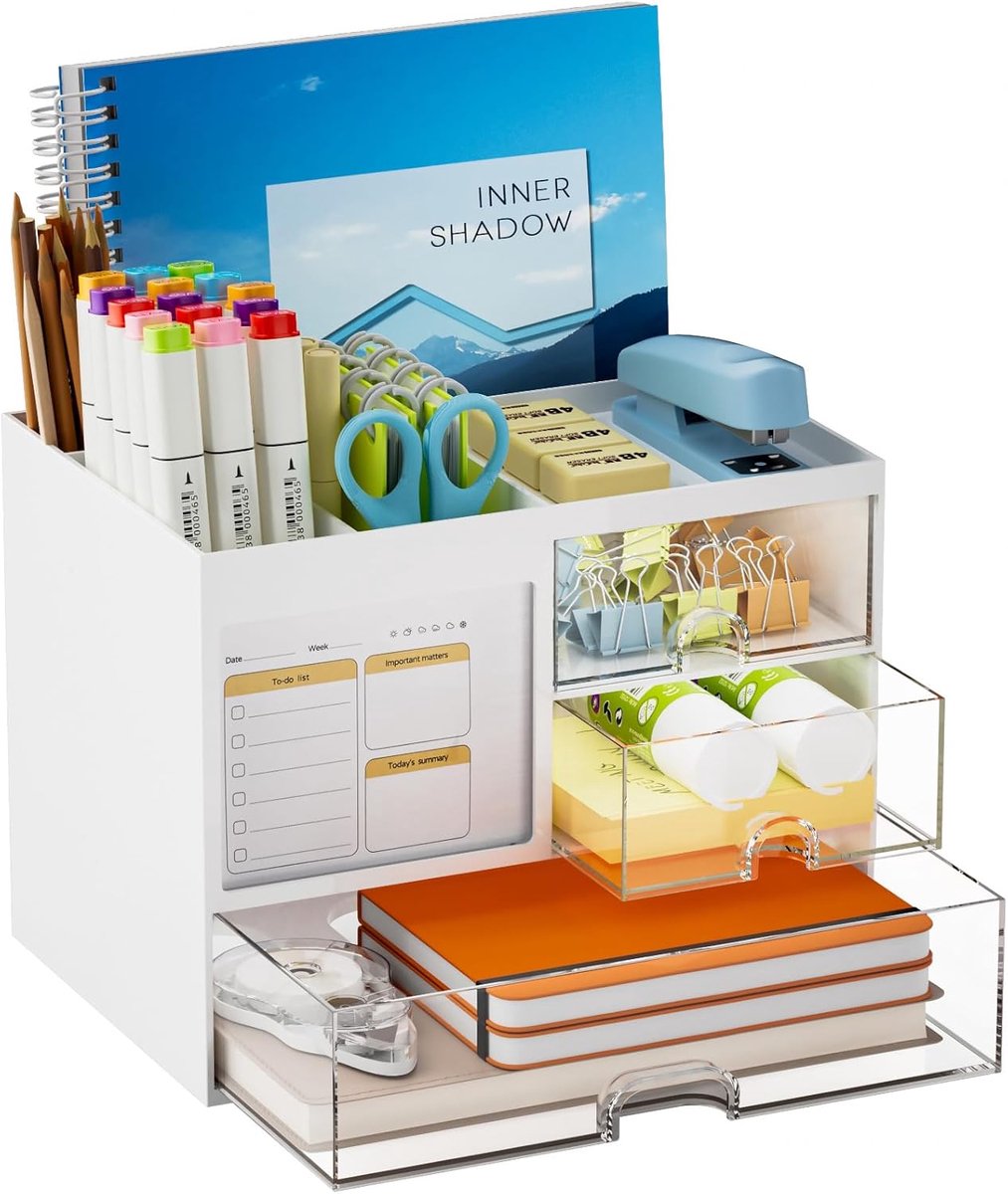 Thijox - Bureau Organizer met 3 Lades, Grote Capaciteit Potloodhouder, 4 Compartimenten, Wit, Kantoor, Thuis, School, Stationary Organizer