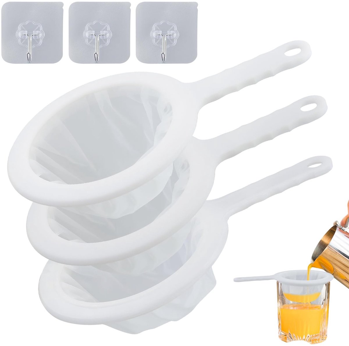 Inovra- Keukenzeef Fijnmazig - 3 Filters Nylon - Kunststof Handvat - Voor Sap/Wijn/Koffie - Totale Lengte 24 cm - Inclusief 3 Haken - Filter