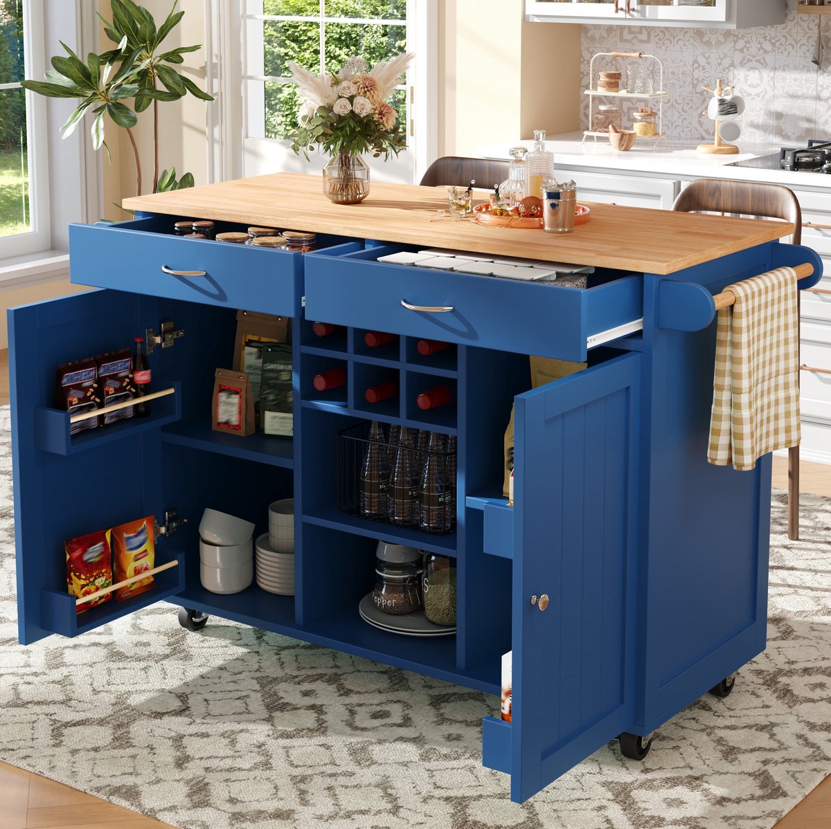 DESMIU Keukenkast - Verrijdbaar Keukeneiland Met Opbergruimte En Wijnrek - Voor Keuken En Eetkamer - MDF En Metaal - Blauw - 102x45x92 Cm