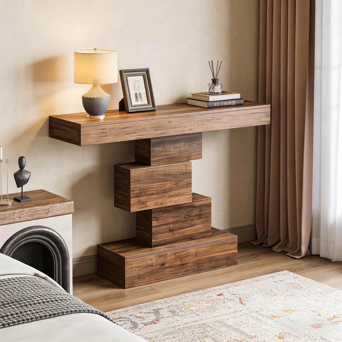 MIVRAY Sidetable - Consoletafel Met Geometrische Voet En Houtlook - Voor Hal Woonkamer Of Slaapkamer - Hout - 108x30x80 Cm - Donkerbruin