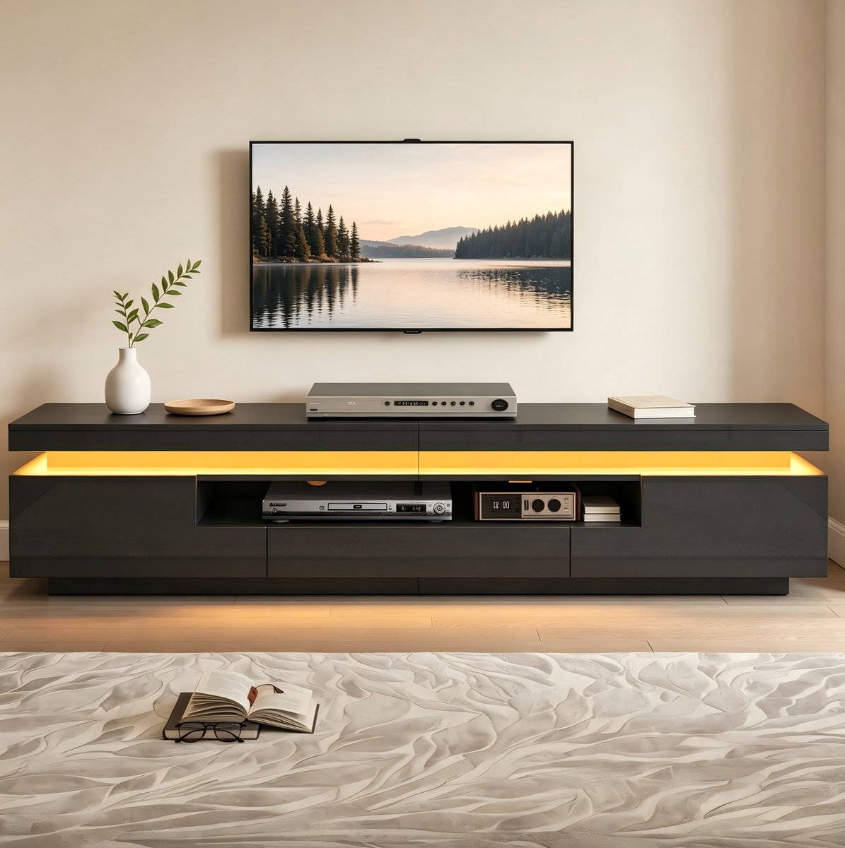 MIVRAY Tv Meubel - Hoogglans Met Led En 1 Lade - Halfopen Opbergruimte Voor Woonkamer - Spaanplaat - 175x38x45 Cm - Zwart