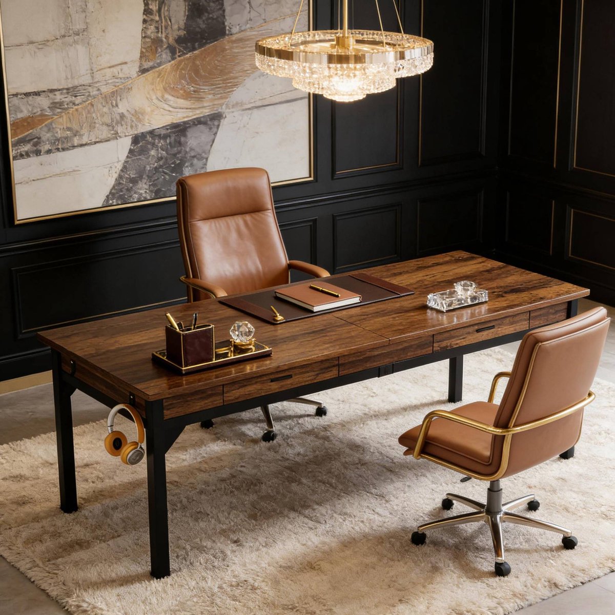 MIVRAY Bureau Voor 2 Personen - 200 Cm Werktafel Met 2 Lades En 2 Haken - Voor Kantoor Of Thuiswerk - Metaal En Houtlook - Zwart Rustiek Bruin