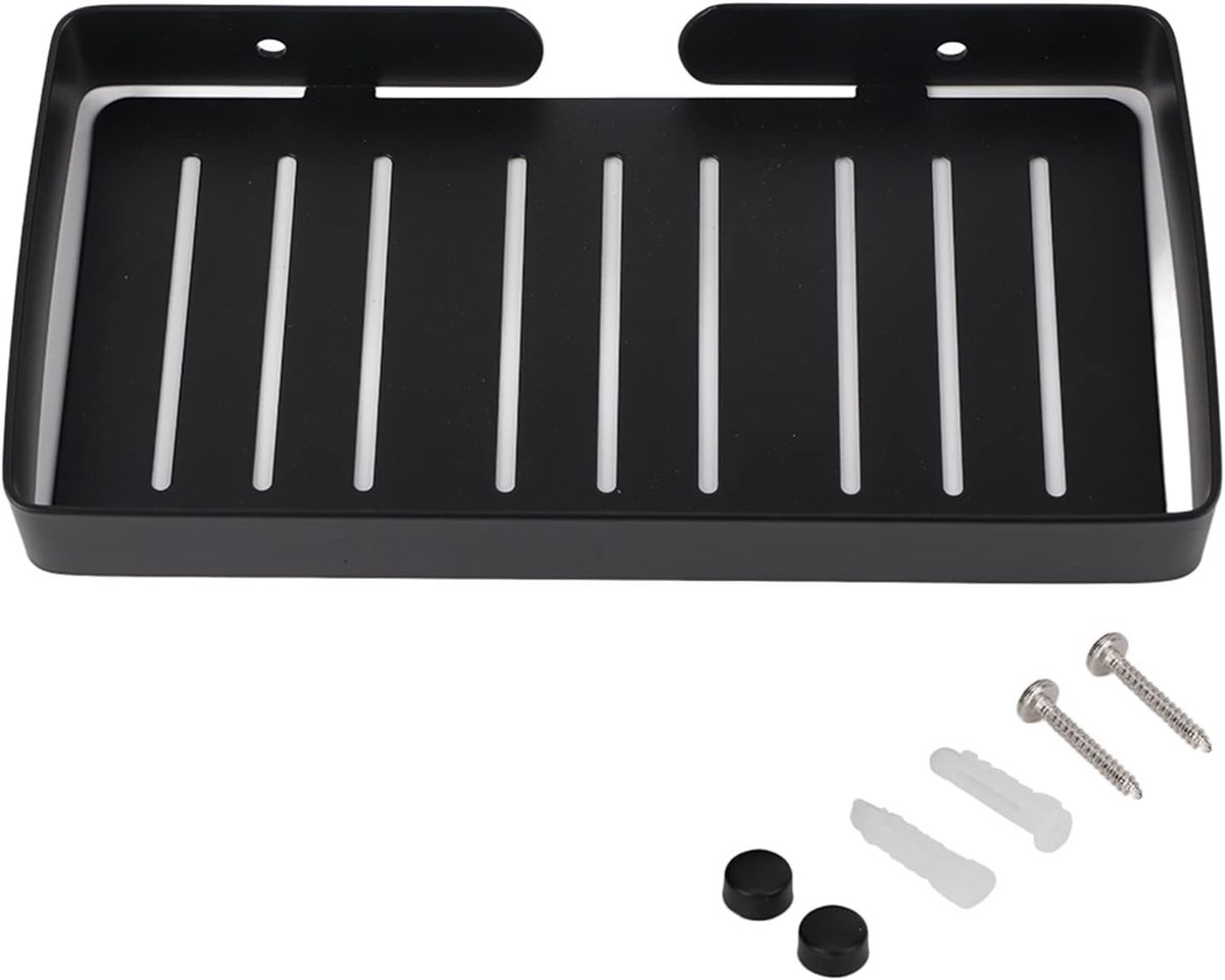 Stijlvolle Wandplank voor Badkamer, Roestvrij Stalen Zeeprek met Afvoer, Opbergoplossing voor Douche en Toilet, Zwart, 23x12x2.5cm