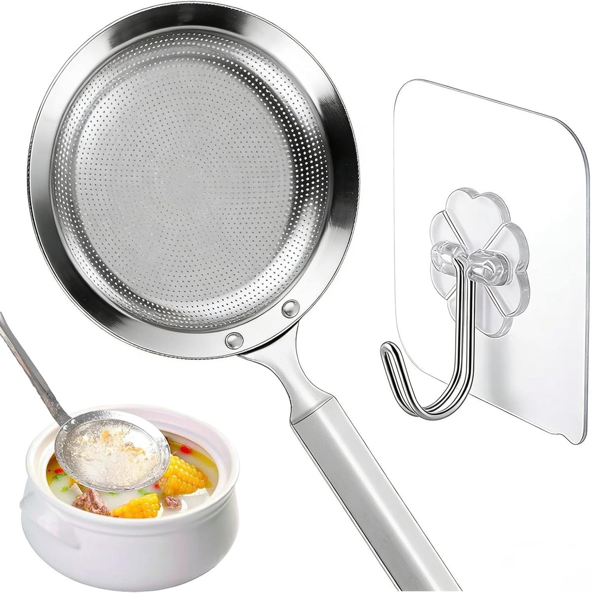 RVS Sleuflepel met Sterke Haak - Ideaal voor Frituren, Stomen en Scheppen - Diameter 9.5 cm
