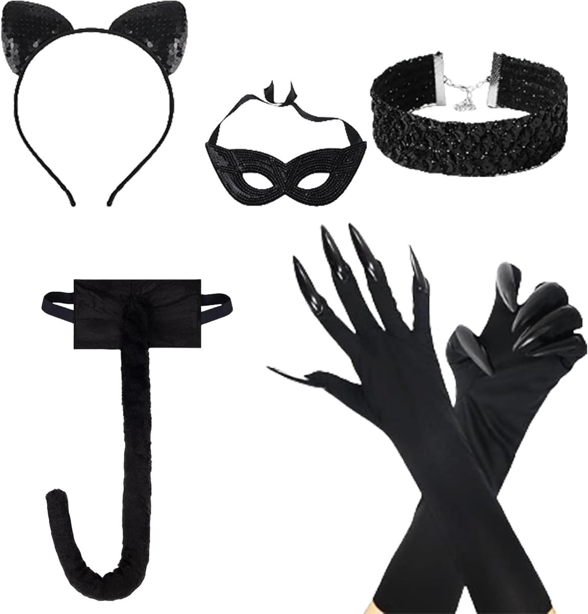 Zwart Kat Kostuum voor Dames met Hoofdband, Masker, Choker, Handschoenen en Staart voor Halloween en Cosplay Accessoires