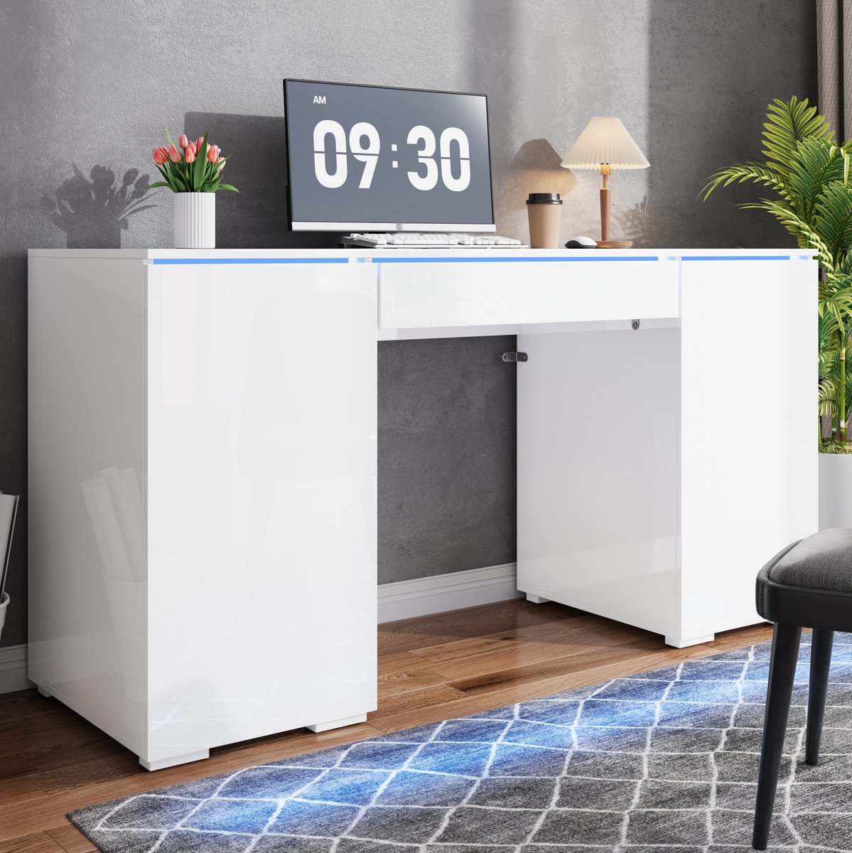 HAUSS SPOLE Bureau - Hoogglans Met Ledverlichting En Opbergruimte - Voor Werken Studeren En Opmaken - Spaanplaat - 140x50x78 Cm - Wit