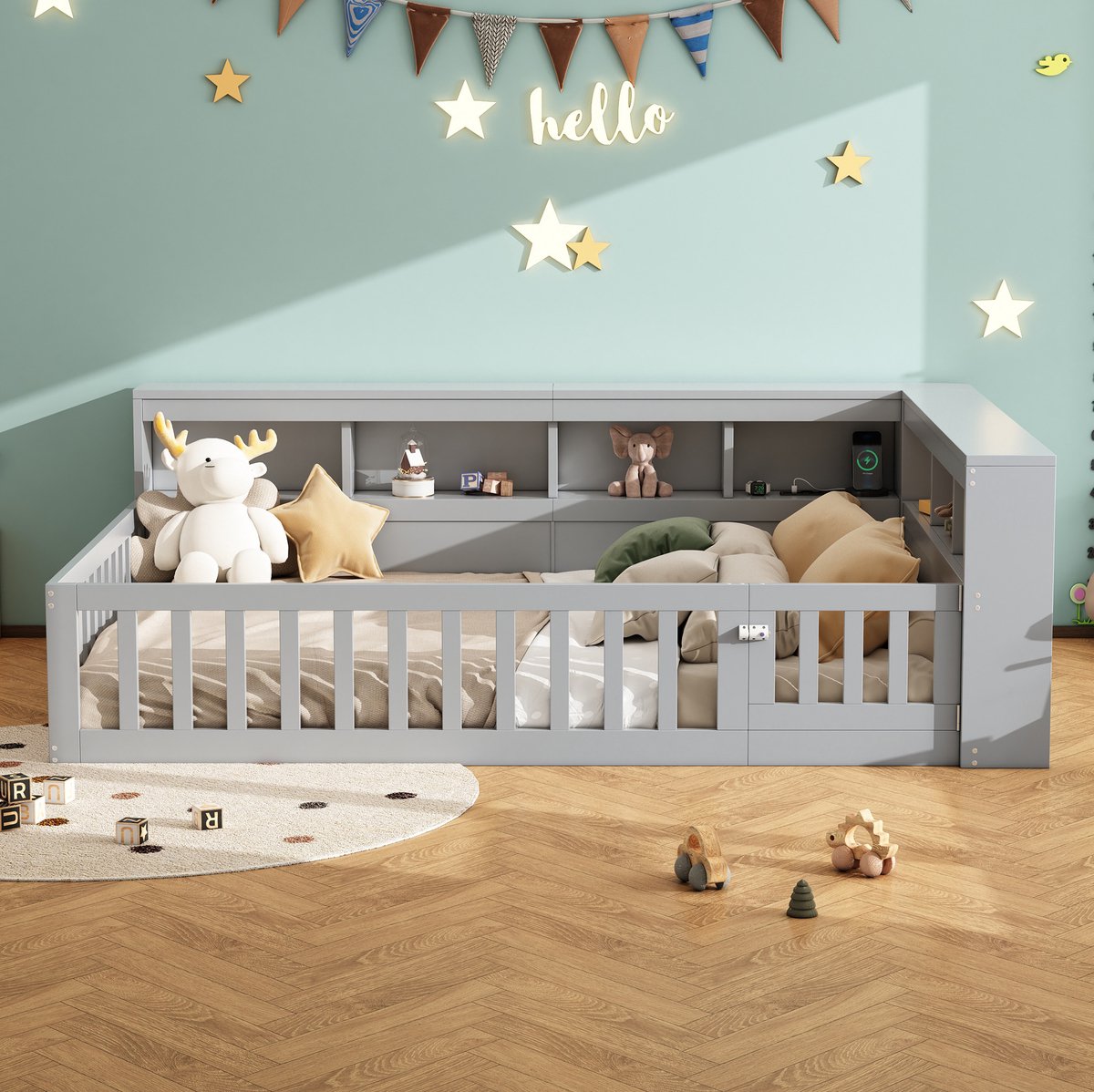 MEUNIQ daybed 140x200 cm met lattenbodem, opbergvakken, uitvalbeveiliging, stopcontact en USB, bedbank voor slaapkamer of kinderkamer, grijs