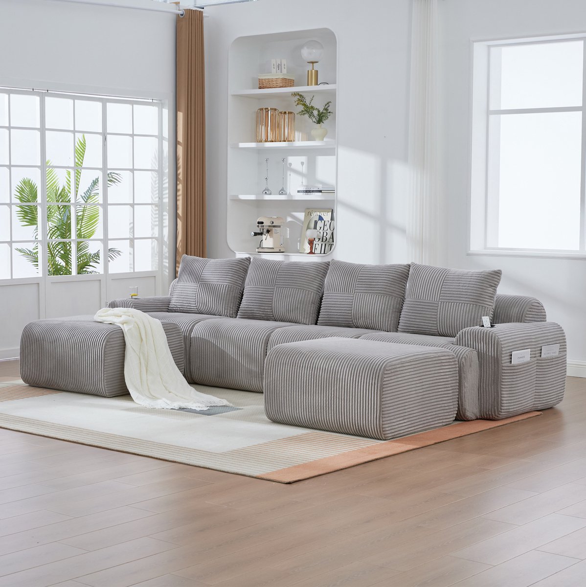 FloraGrace Set Bank 333 x 174 x 80 cm - Modulair 4-Zits Met 2 Hockers, Bekerhouder En Opbergtas - Woonkamer - Corduroy - Lichtgrijs