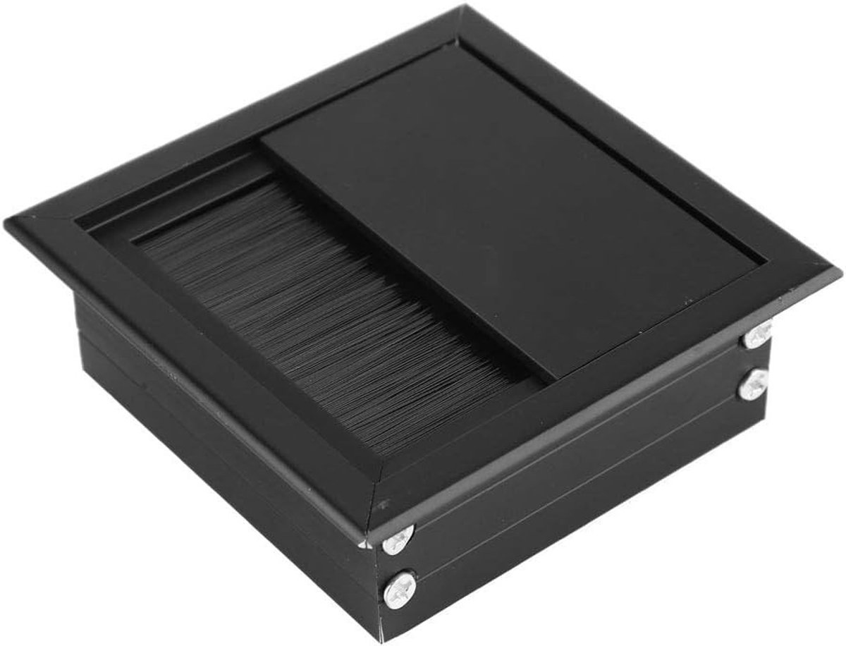 Zwarte Aluminium Kabeldoorvoer met Borstel voor Tafel en Bureau - Set van 2 Stuks, 8x8 cm, Ideaal voor Kabelbeheer en Organisatie
