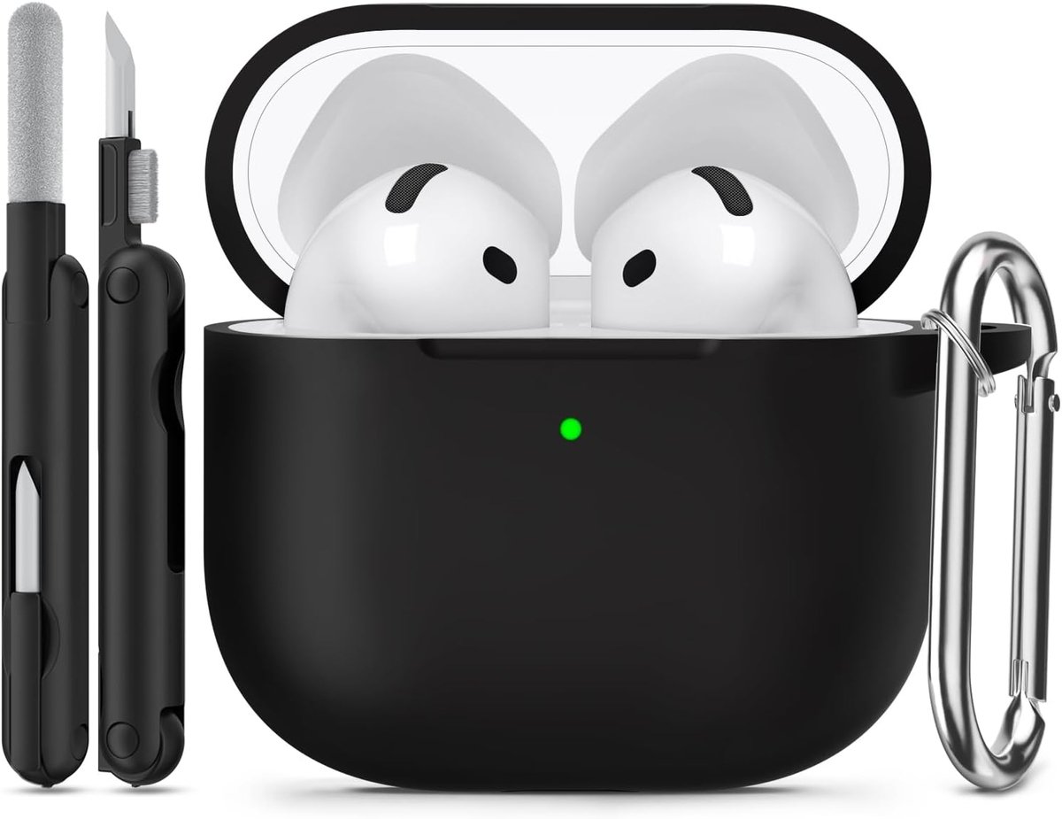 Thijox - Eendelig Siliconen Hoesje voor AirPods 4 (Zwart) | Zacht Materiaal, Inclusief Schoonmaaksetje & Sleutelhanger, Ideaal voor Bescherming en Geb